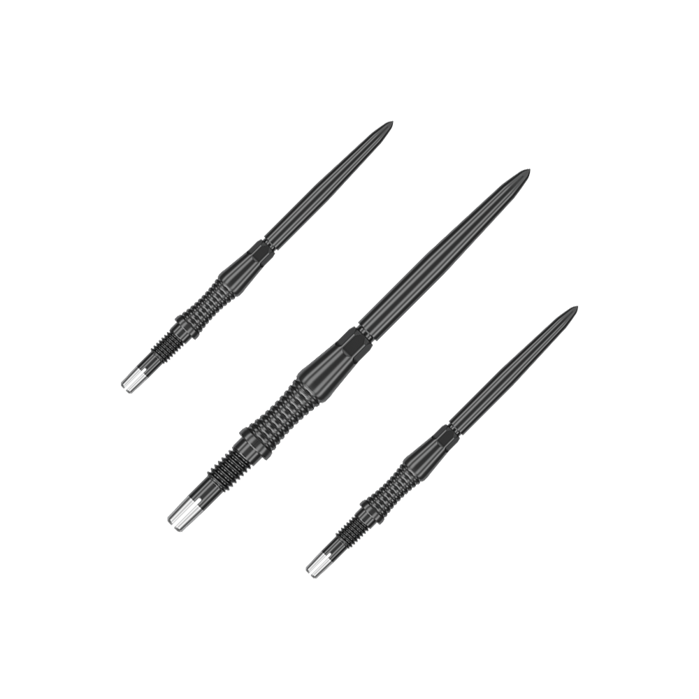 Das Bild stellt ein Set von schwarzen Dartspitzen Signature RST, 35mm, von Target Swiss Point dar. Die Spitzen sind nebeneinander angeordnet.