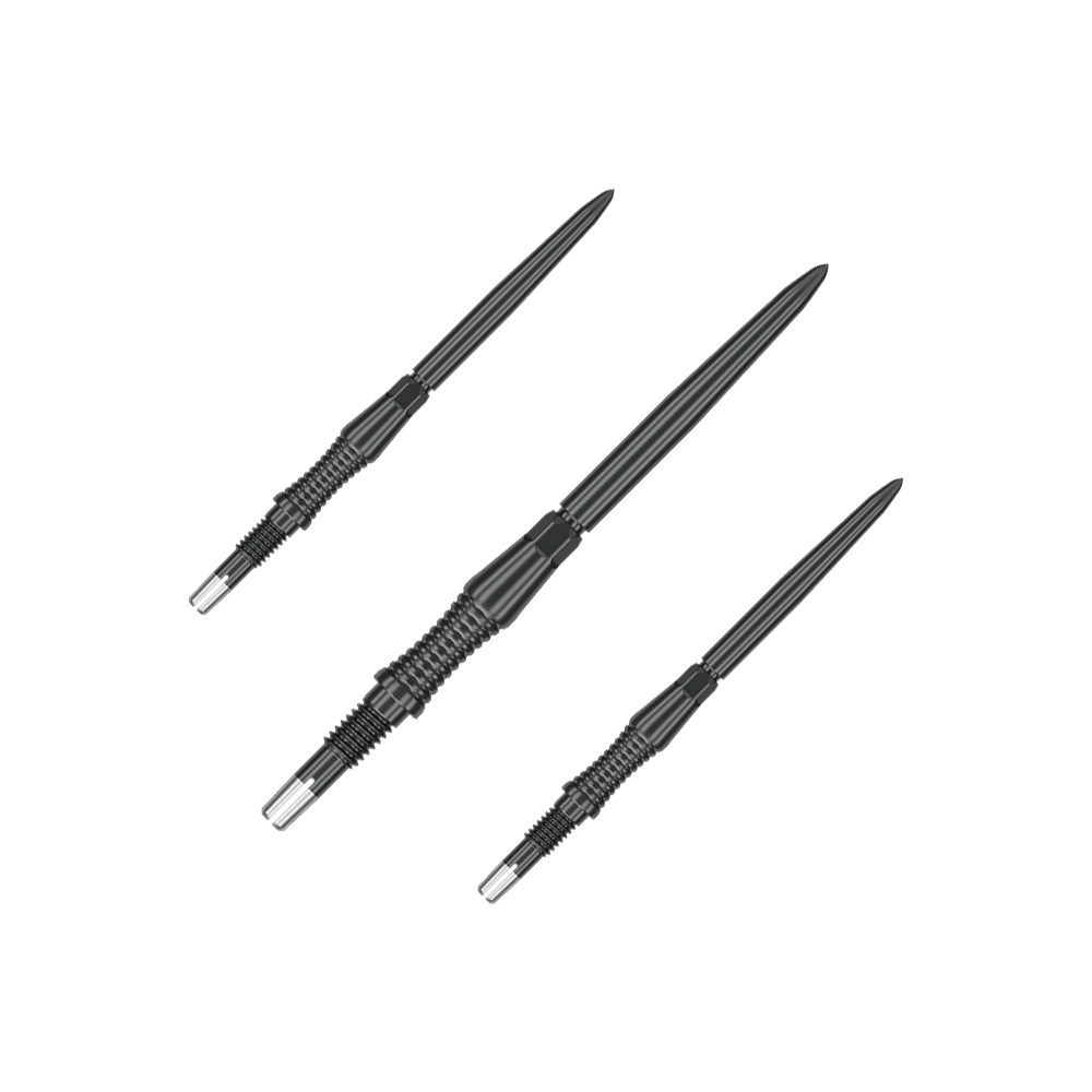 Puntas de dardos Target Swiss Point Signature RST - Negras Das Bild stellt ein Set von schwarzen Dartspitzen Signature RST, 35mm, von Target Swiss Point dar. Die Spitzen sind nebeneinander angeordnet.