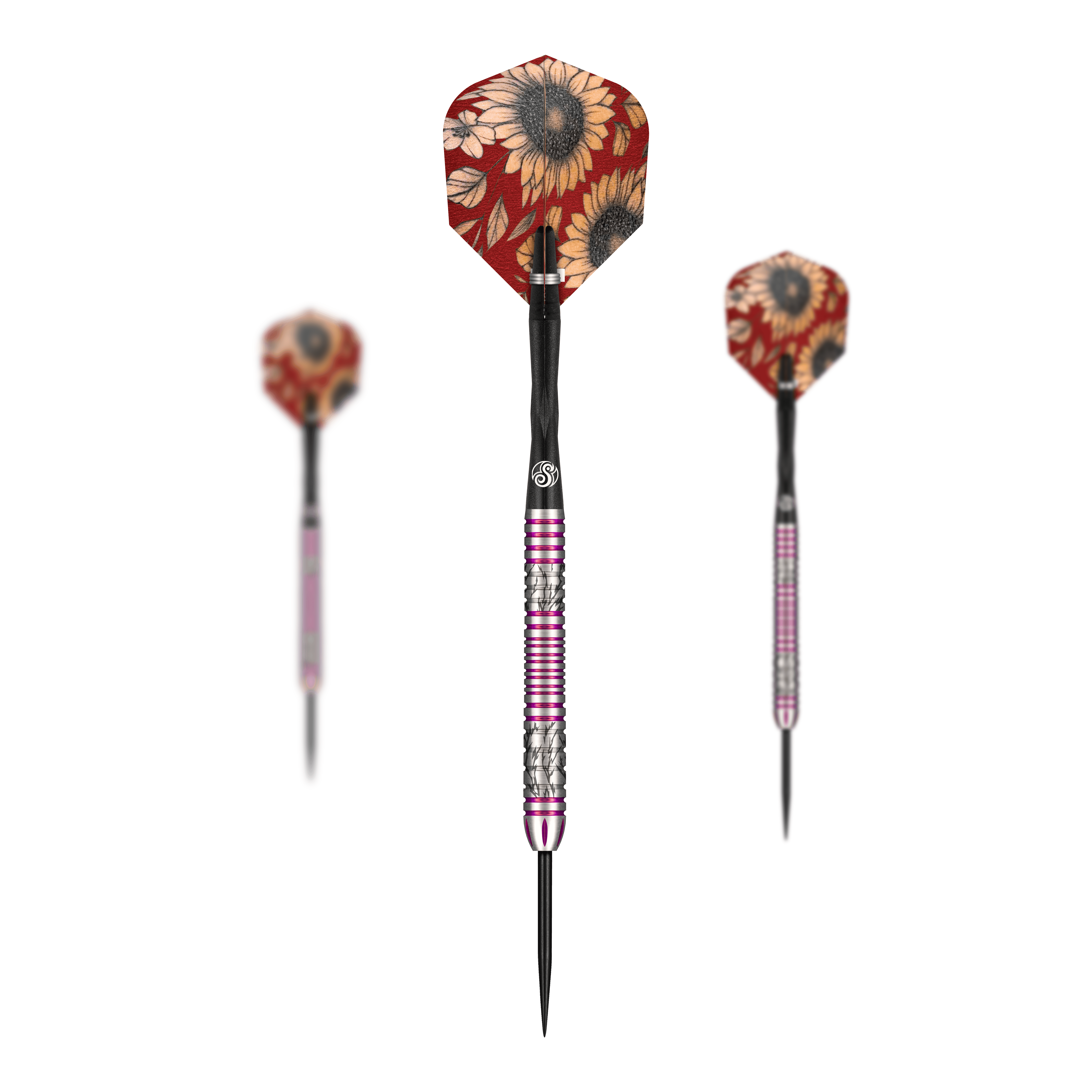Das Bild zeigt drei Steeldarts der Marke Shot Pro Series Barora Hospodarska mit einem Gewicht von 23g. Die Flights haben ein auffälliges Sonnenblumenmuster auf rotem Hintergrund.