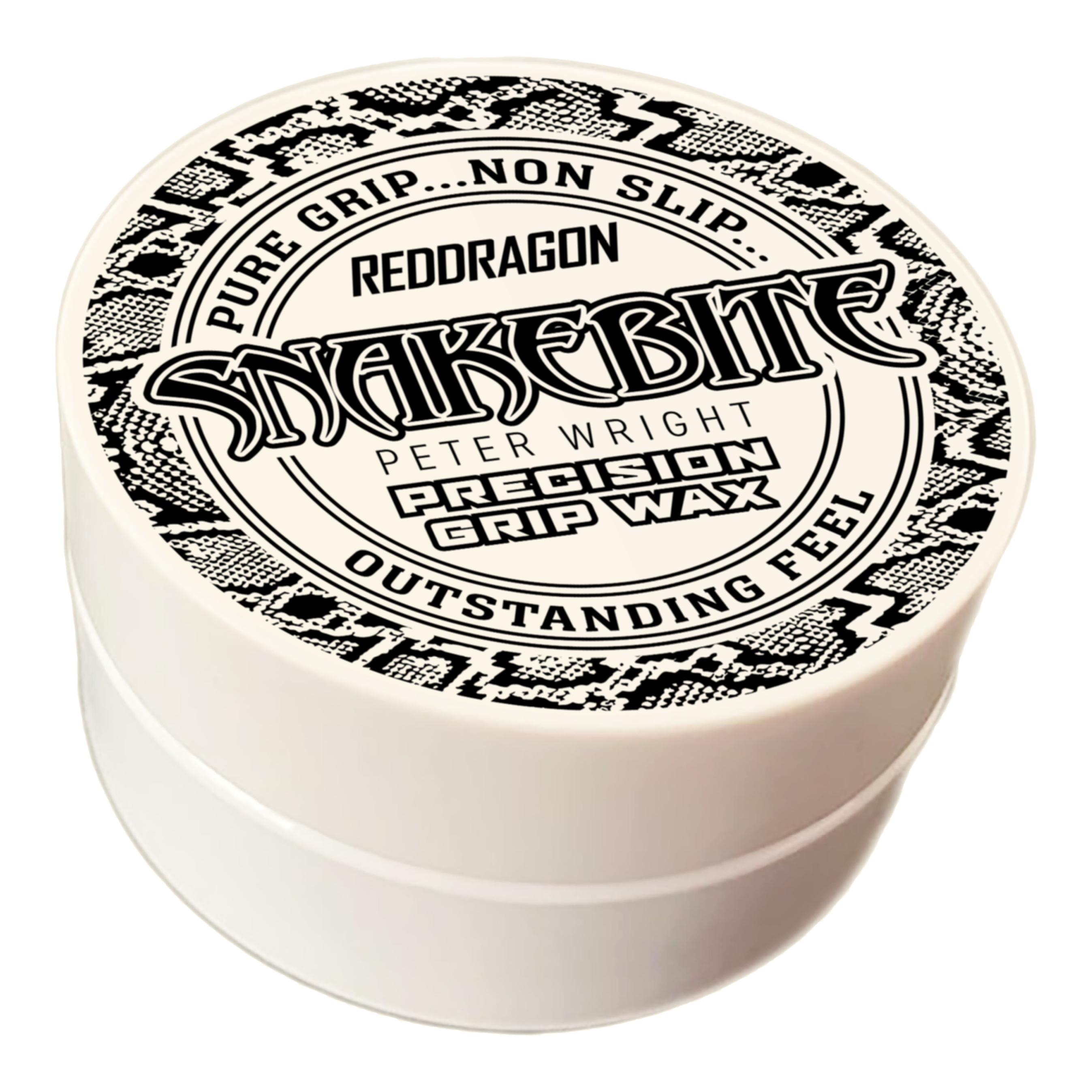 Cera para dedos Red Dragon Peter Wright Snakebite Precision Grip Wax Das Bild zeigt eine runde Dose mit der Aufschrift "Red Dragon Peter Wright Snakebite Precision Grip Wax". Die Verpackung ist weiß mit einem schwarz-weißen Schlangenmuster und betont den festen, griffsicheren Halt.