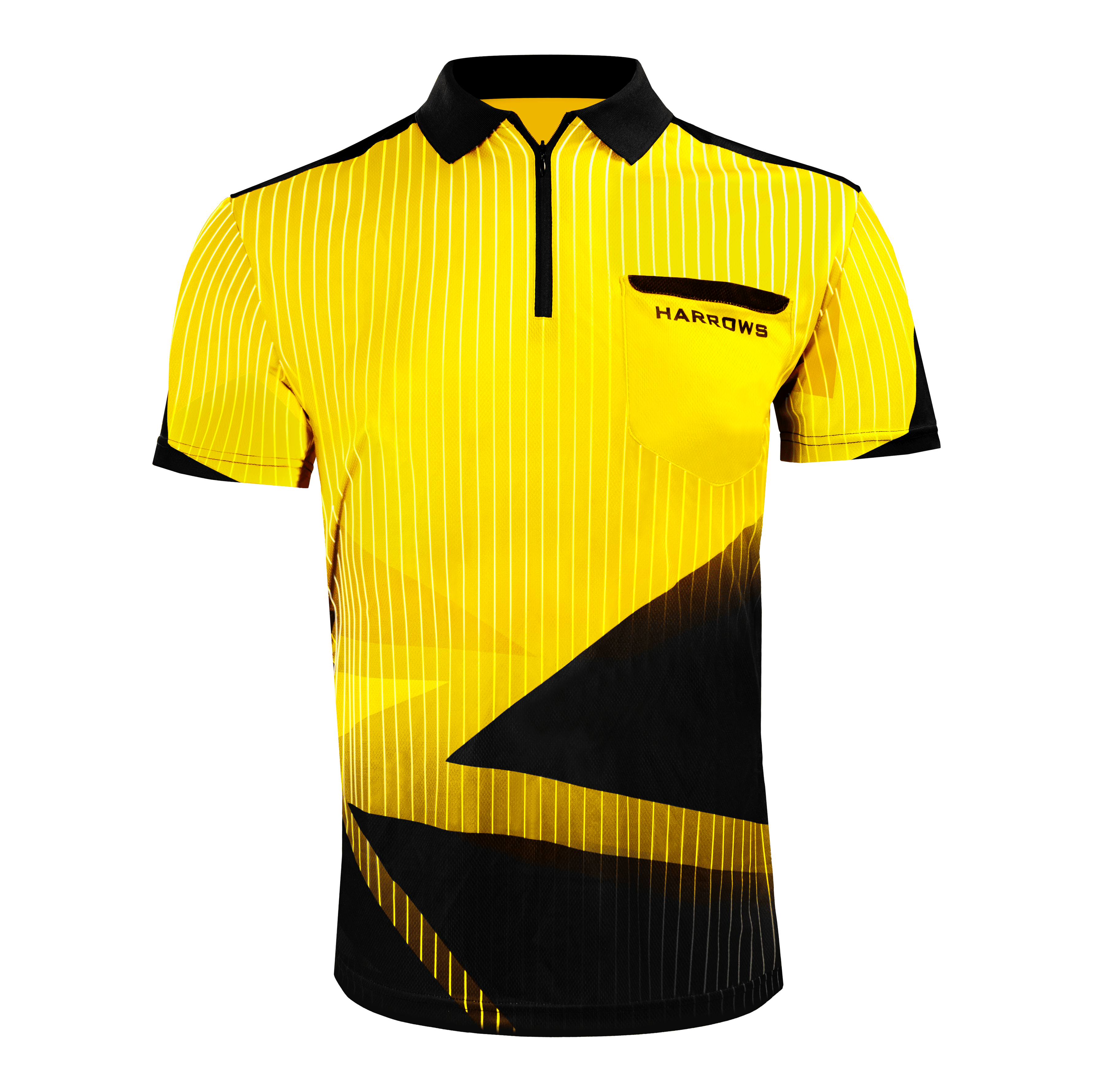 Harrows Shard Dartshirt - Gelb Das Bild zeigt ein gelbes Dartshirt der Marke Harrows mit schwarzen Akzenten und weißem Streifenmuster. Auf der Brust befindet sich ein schwarzes Logo mit dem Schriftzug "HARROWS".