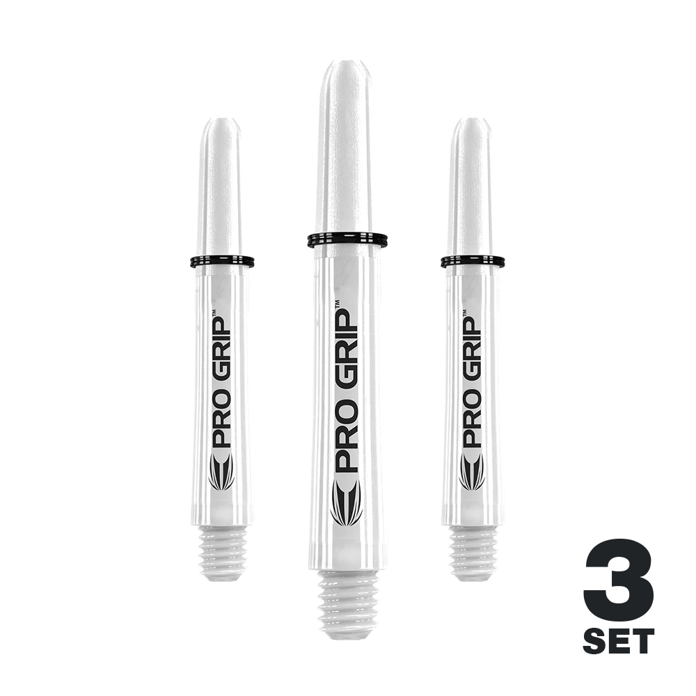 Varillas Target Pro Grip - 3 juegos - Color blanco Das Bild zeigt drei weiße Pro Grip Shafts für Dartpfeile. Unten rechts steht "3 Set" geschrieben.