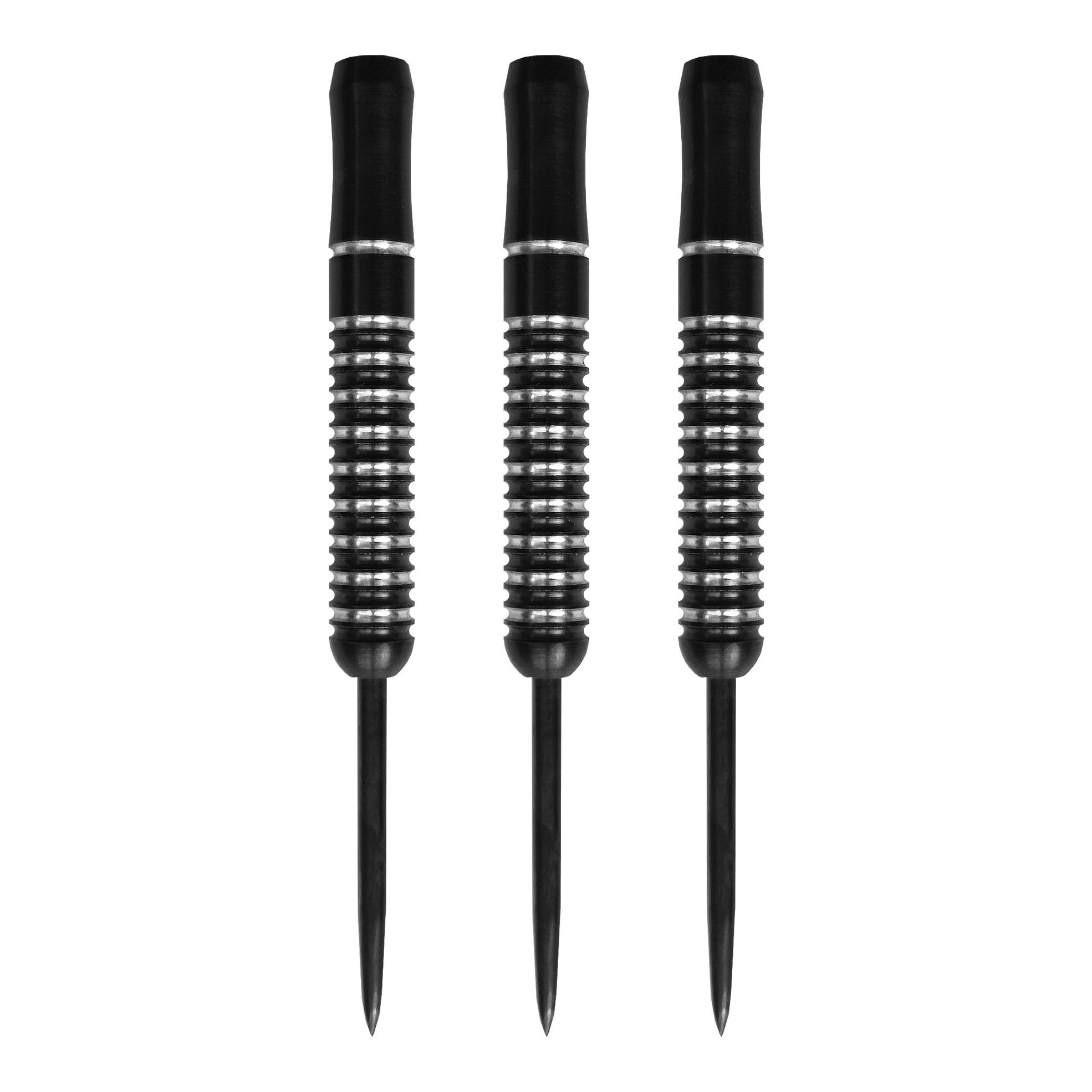 Barriles de dardos de acero McDart Void - 23 g Auf dem Bild sind drei McDart Void Steeldart Barrels mit einem Gewicht von 23g zu sehen. Die Darts sind schwarz mit silbernen Rillen und haben eine schlichte, moderne Optik.