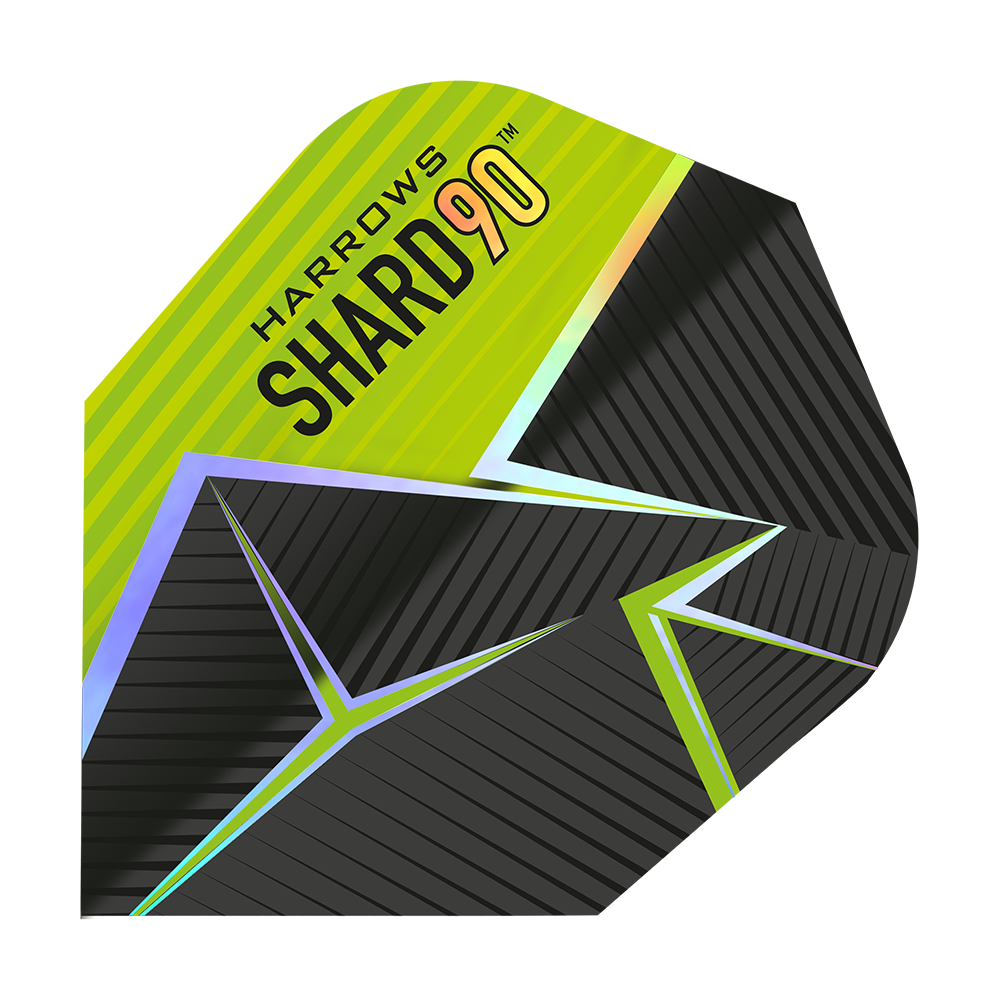 Harrows Prime Shard No6 Vuelos Das Bild zeigt ein Dart-Flight mit dem Namen „Harrows Prime Shard No6“. Das Design ist schwarz und gelb mit geometrischen Linien und dem Aufdruck „SHARD 90“.