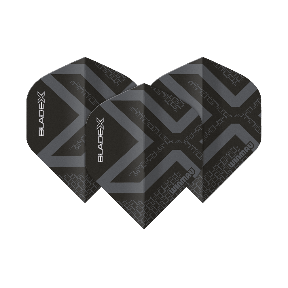 Abgebildet ist ein Winmau Prism Delta Blade X Metallic Black No2 Standard Flight. Das Produkt erscheint in schwarzer Metallic-Farbe.
