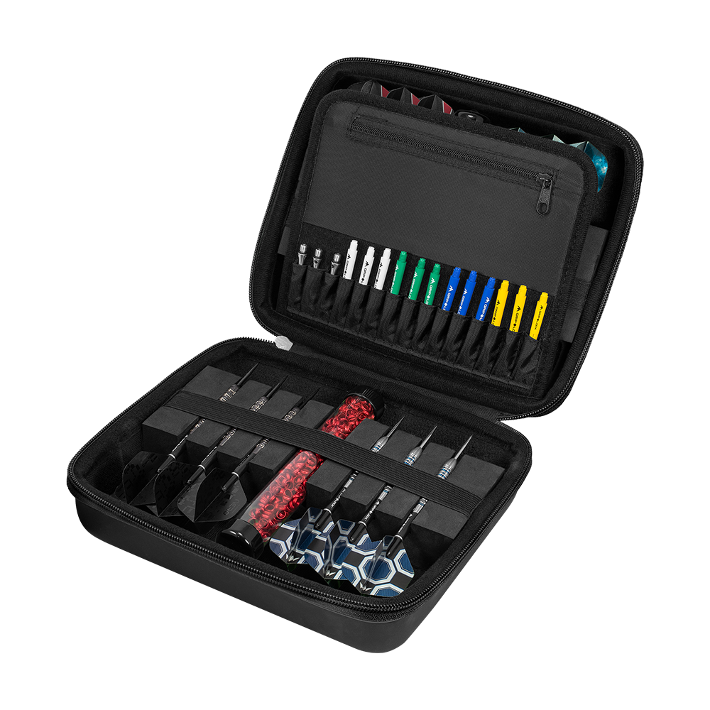 Cartera Mission Luxor Dart Dieses Bild zeigt das schwarze Mission Luxor Dart-Wallet. Es ist speziell für die sichere Aufbewahrung von Dartzubehör gestaltet.