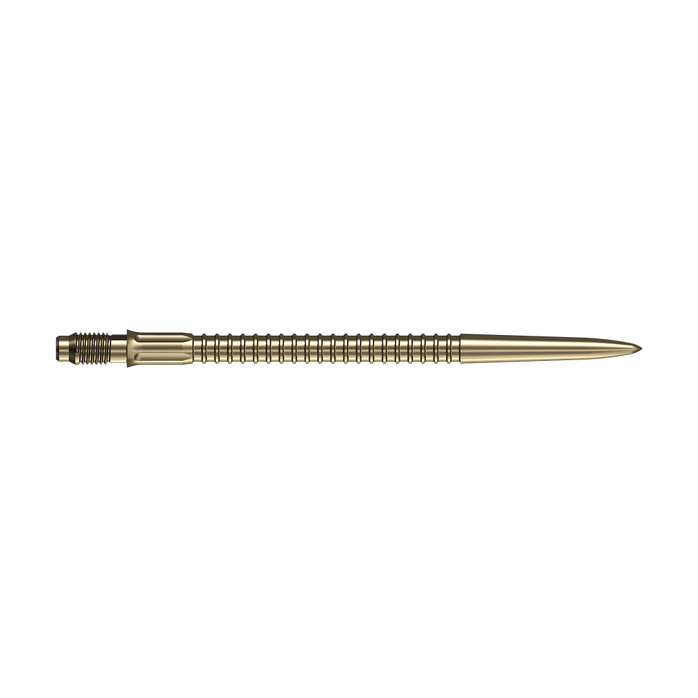 Puntas de dardo Mission R2.5 Rapid Point GV1 - Oro Abgebildet sind goldene Dartspitzen von Mission R25 Rapid Point mit einer Länge von 40mm. Das Bild zeigt die Spitzen aus verschiedenen Perspektiven.