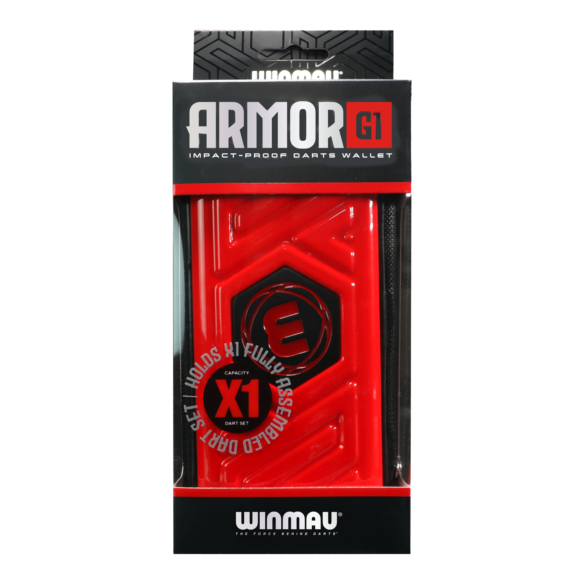 Cartera para dardos Winmau Armor G1 Das Bild zeigt eine rote Winmau Armor G1 Darttasche in ihrer Verpackung. Auf der Verpackung steht, dass sie ein vollständig montiertes Dart-Set aufnehmen kann.