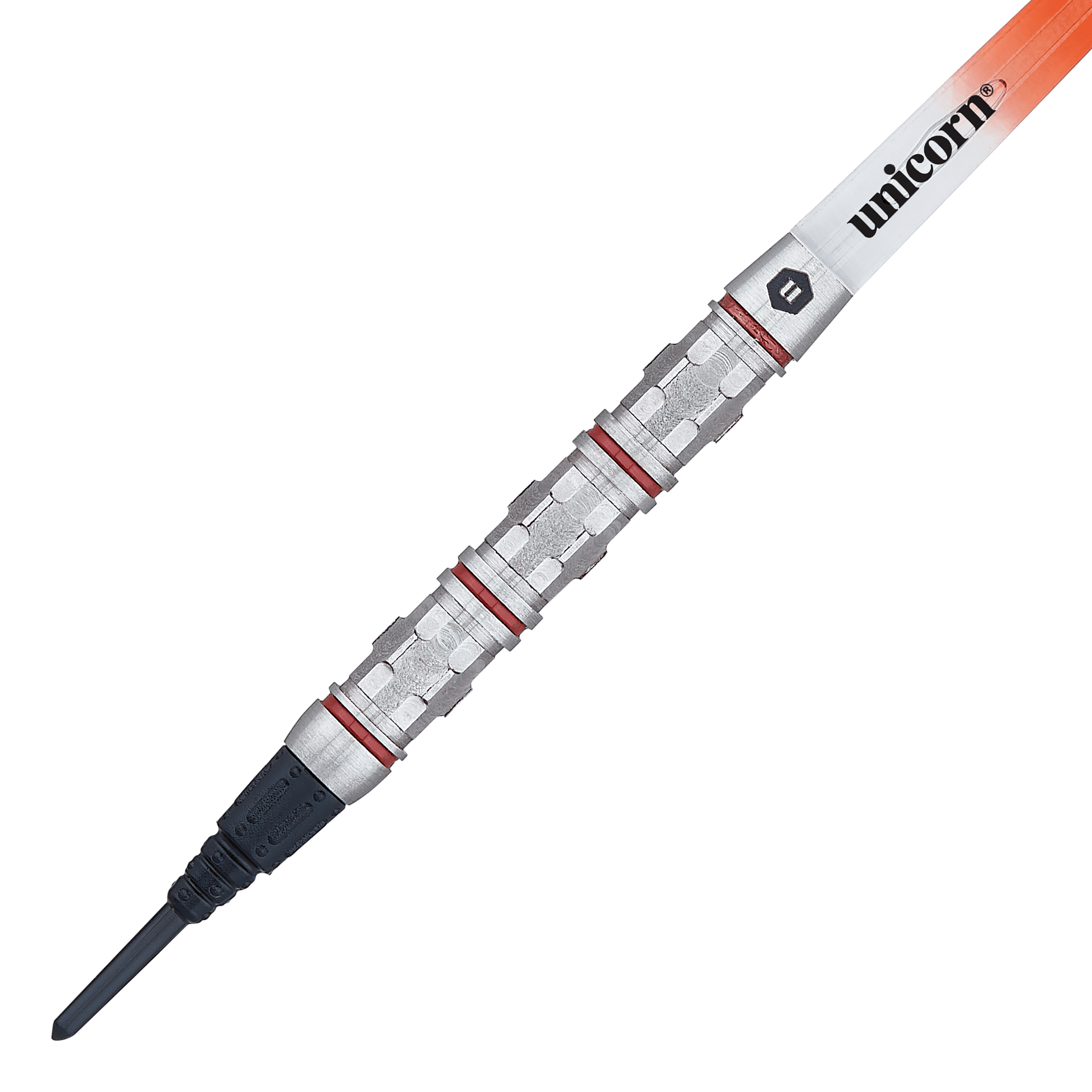 Dardos suaves estilo Ballista Unicorn 4 Das Bild zeigt einen Softdart der Marke Unicorn Ballista Style 4. Der Dart hat einen silbernen Barrel mit roten Ringen und einer schwarzen Spitze.