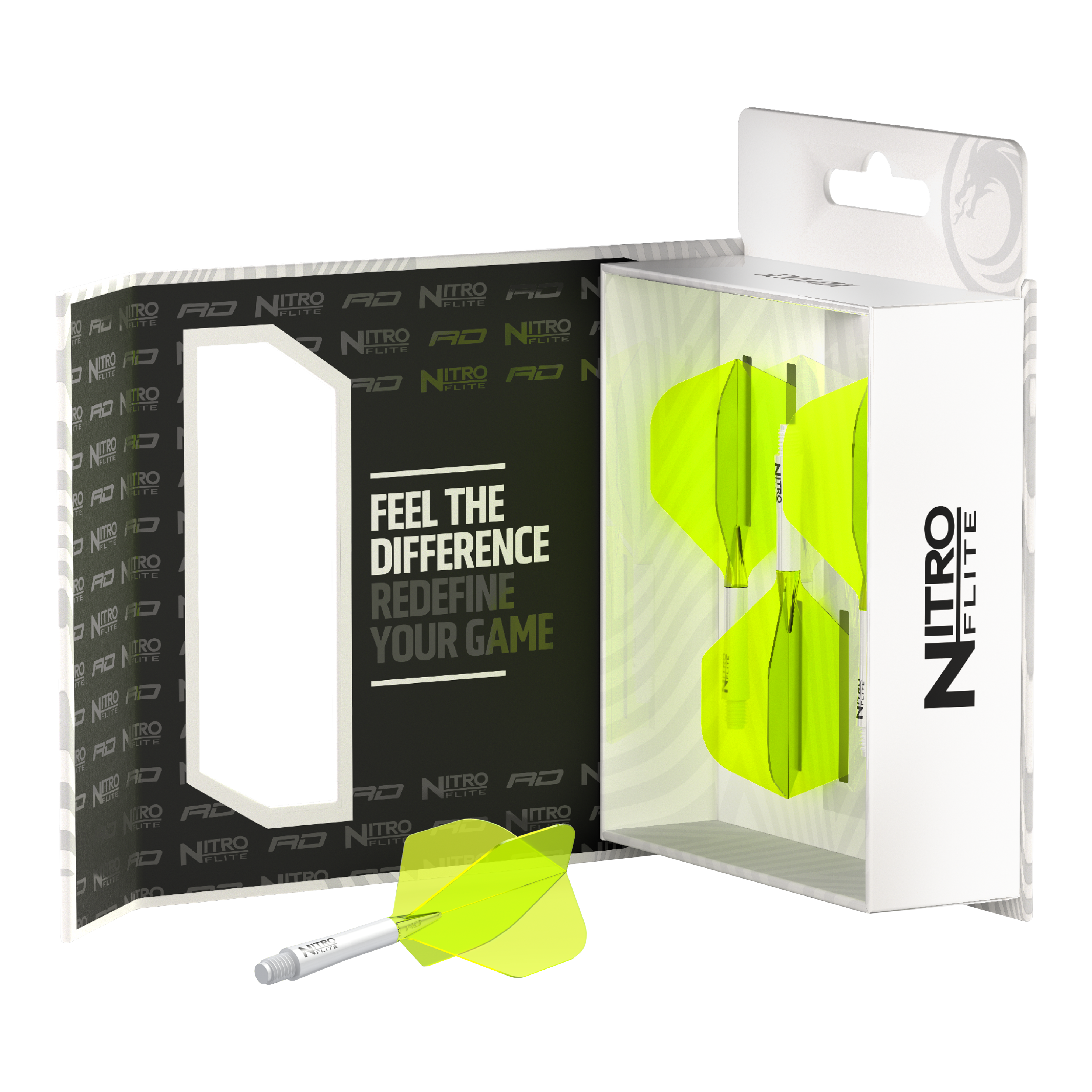 Das Bild zeigt die Verpackung des Produkts "Red Dragon Nitroflite - White Shaft Yellow No2 Flights". In der Packung sind gelbe Dartflights mit weißen Schäften zu sehen.