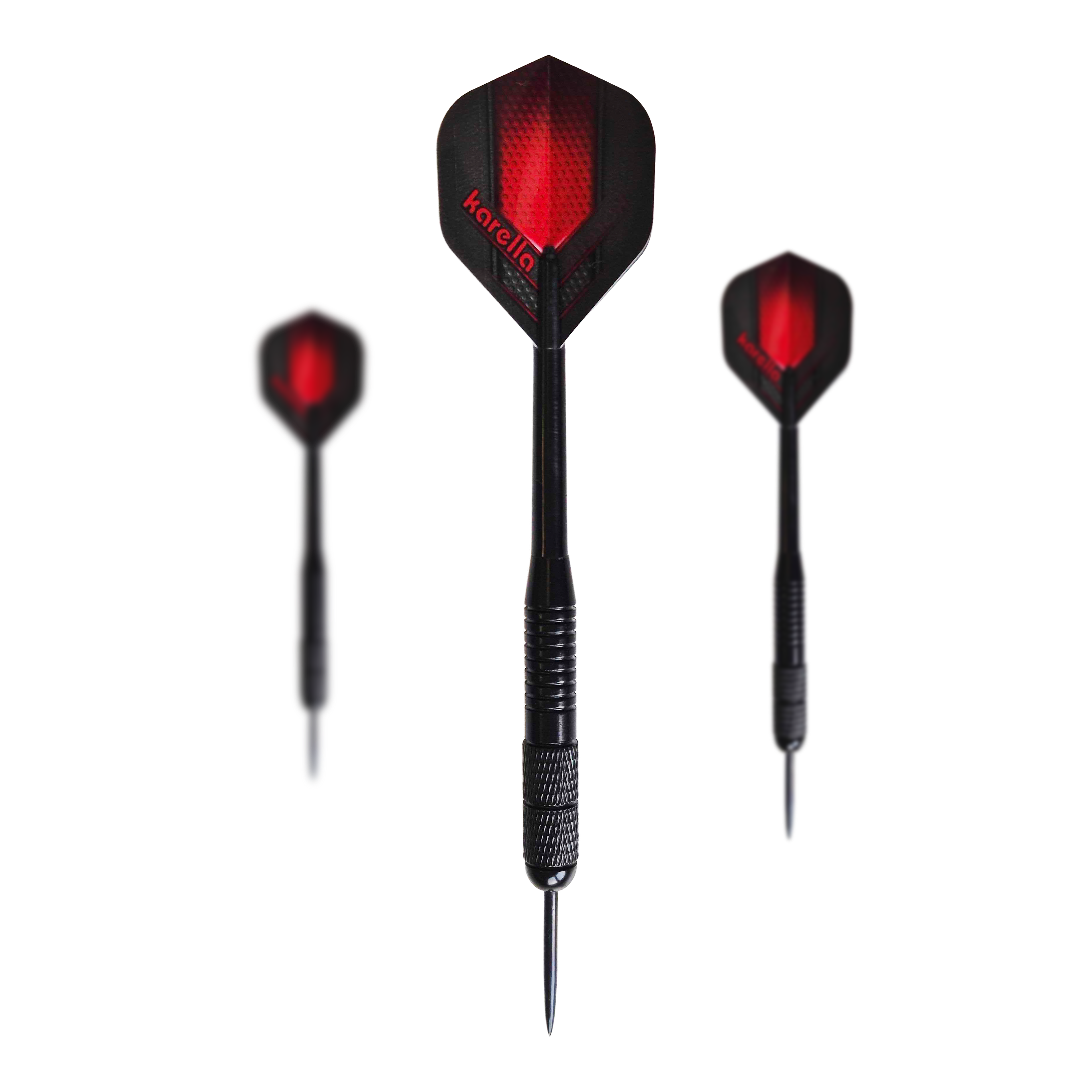 Dardos Karella de latón negro - 21 g Das Bild zeigt die Karella Black Brass Steeldarts mit einem Gewicht von 21g. Es handelt sich um ein Set schwarzer Steeldarts.