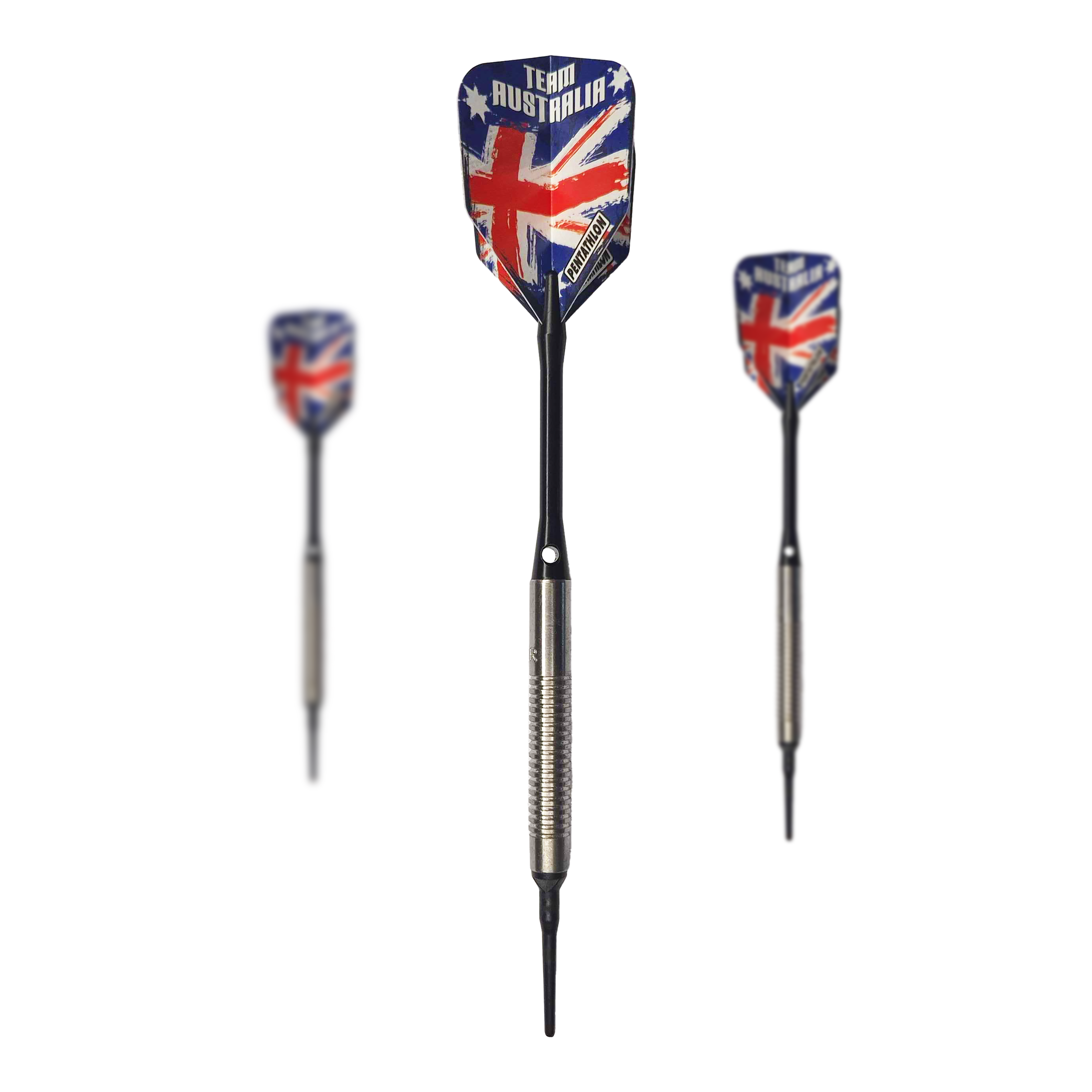 Dardos blandos McDart 85 Tungsten V8 - 18,5 g Auf dem Bild sind drei Softdarts des Modells "McDart 85er Tungsten V8" mit einem Gewicht von 18,5g zu sehen. Die Flights zeigen das Design der australischen Flagge mit der Aufschrift "Team Australia".