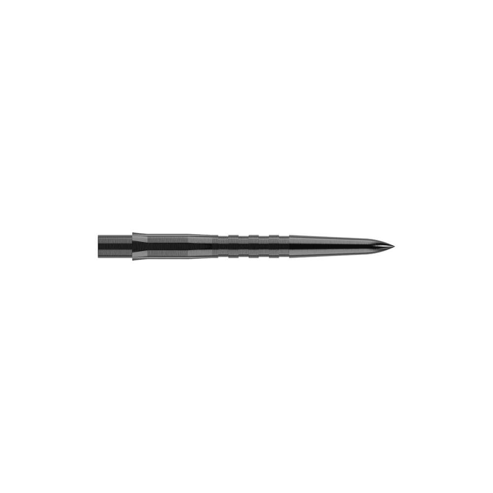 Puntas de dardos Mission Caliburn EVO - Ranuradas - Negras Das Bild zeigt eine schwarze, gerillte Steeldartspitze. Sie ist schmal, lang und hat eine spitze Vorderseite.