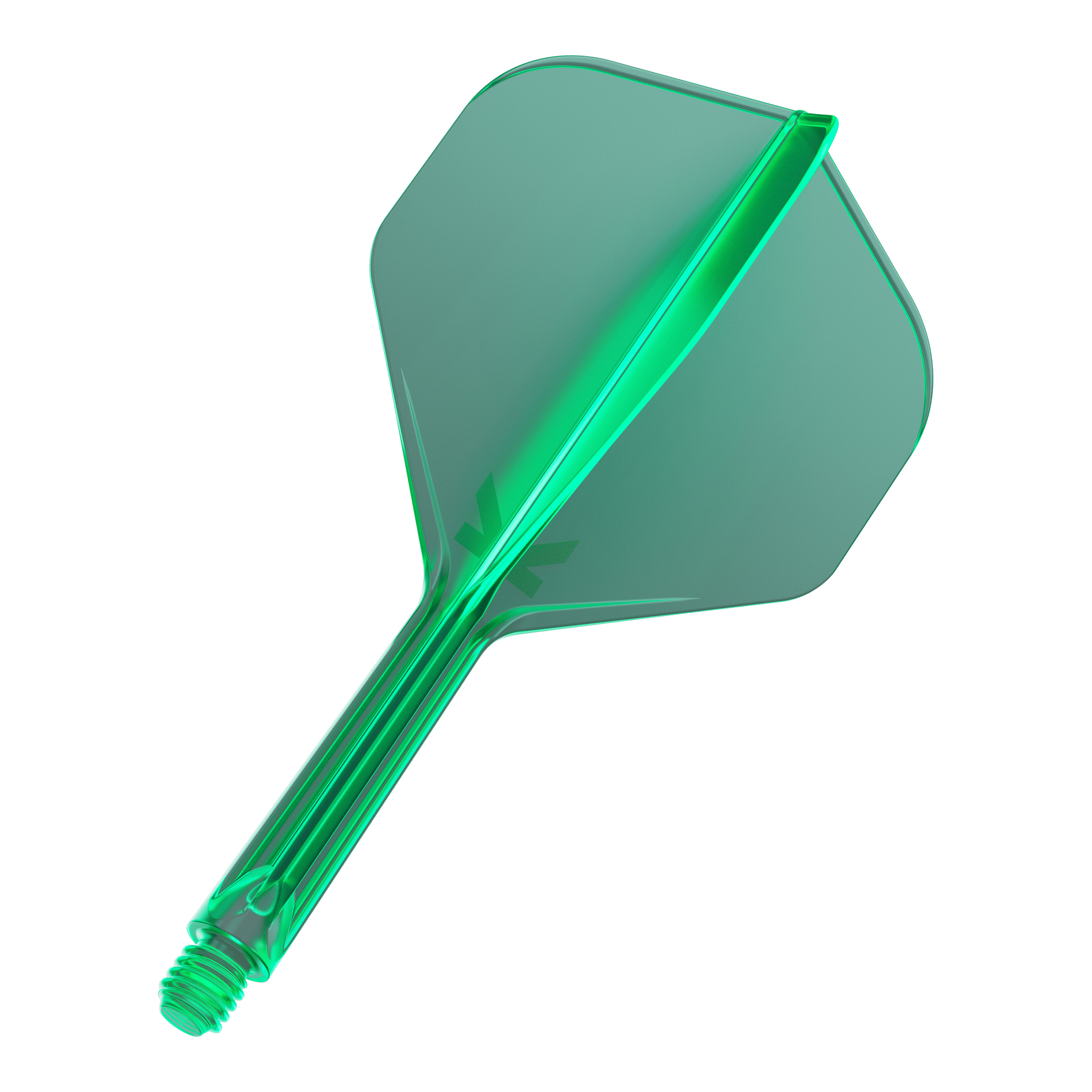 Sistema de vuelo estándar Target K-Flex No2 - Verde Das Bild zeigt einen grünen Dartflügel mit einem integrierten Schaft. Der Flügel hat eine Standardform und besteht aus durchsichtigem Kunststoff.