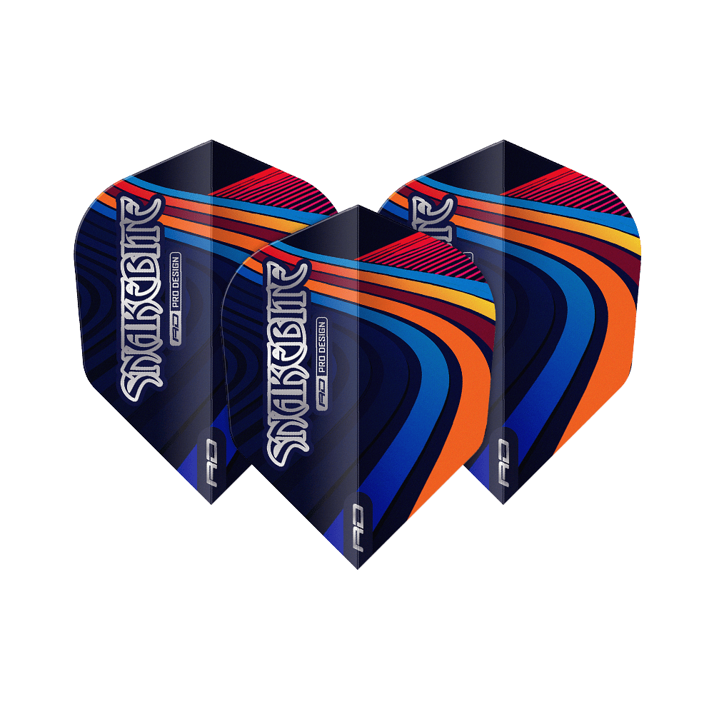 Dragon Rojo Peter Wright Snakebite Multi Swirl No6 Flights Das Bild zeigt drei bunte Dart-Flights mit dem Schriftzug "Snakebite". Die Flights haben ein auffälliges Muster in Blau, Orange, Rot und Gelb.