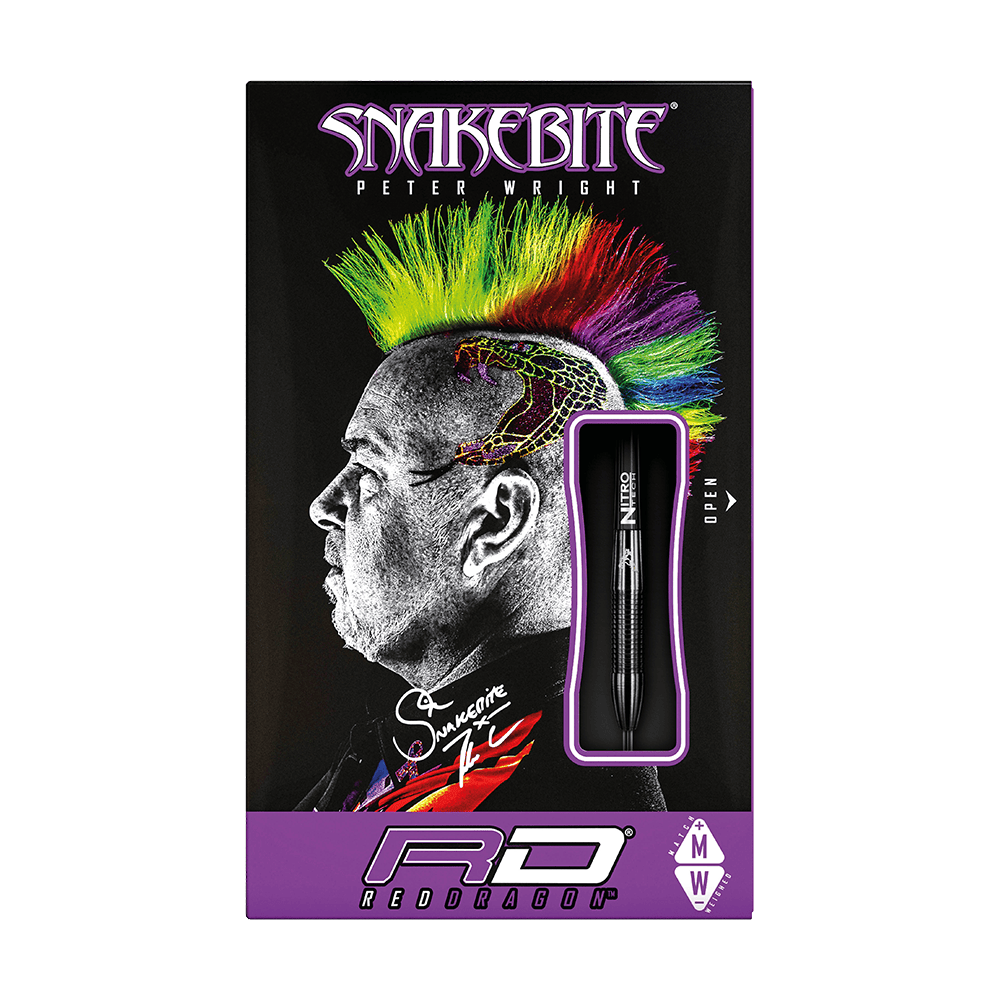 RD1383-RedDragon-Peter-Wright-Snakebite-3-Black-Player-Darts-3 Die Verpackung zeigt die "Red Dragon Peter Wright Snakebite 3 Black Steeldarts". Auf der Vorderseite ist ein Porträt mit buntem Irokesenschnitt und Schlangentattoo abgebildet.