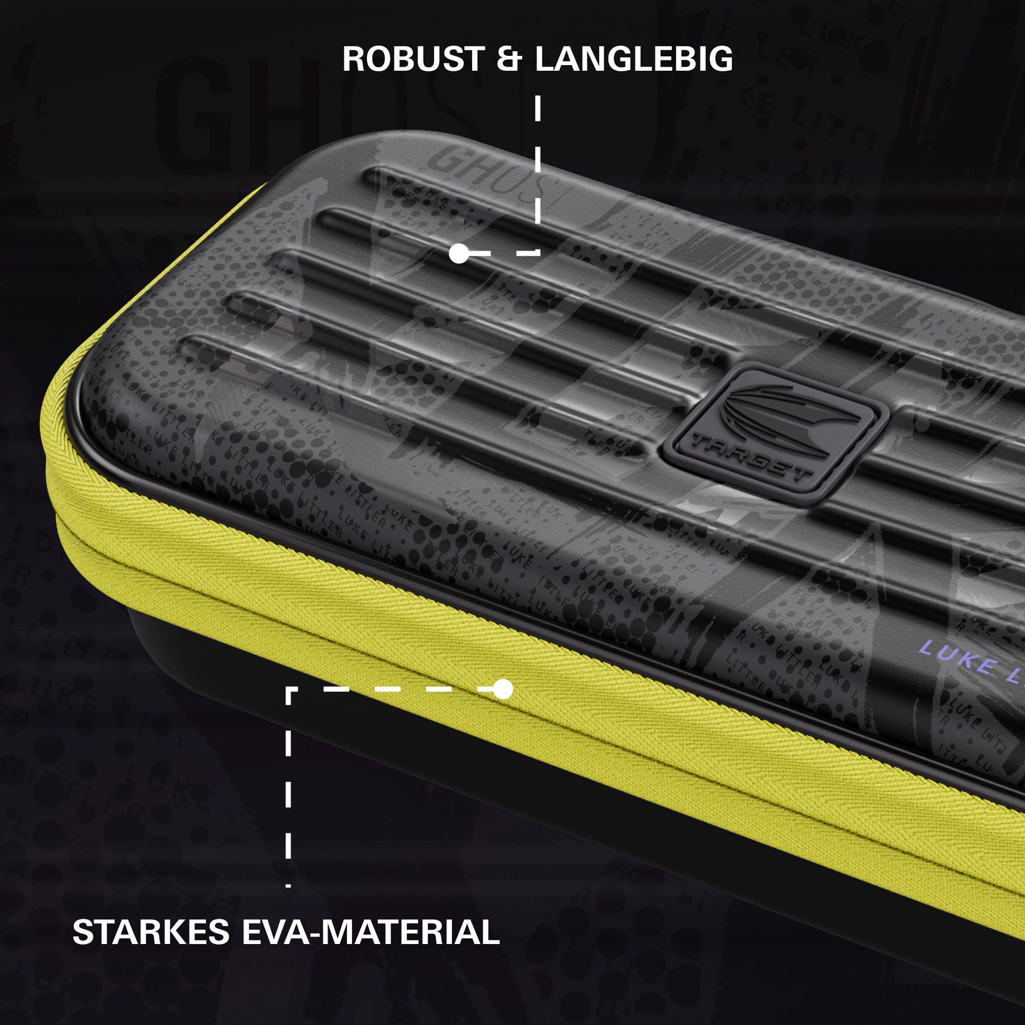 Estuche de dardos Luke Littler de la serie Takoma Ghost Gezeigt wird das Takoma Ghost Series Luke Littler Dartcase. Die Tasche bietet Sicherheit und Komfort für alle Dart-Liebhaber.