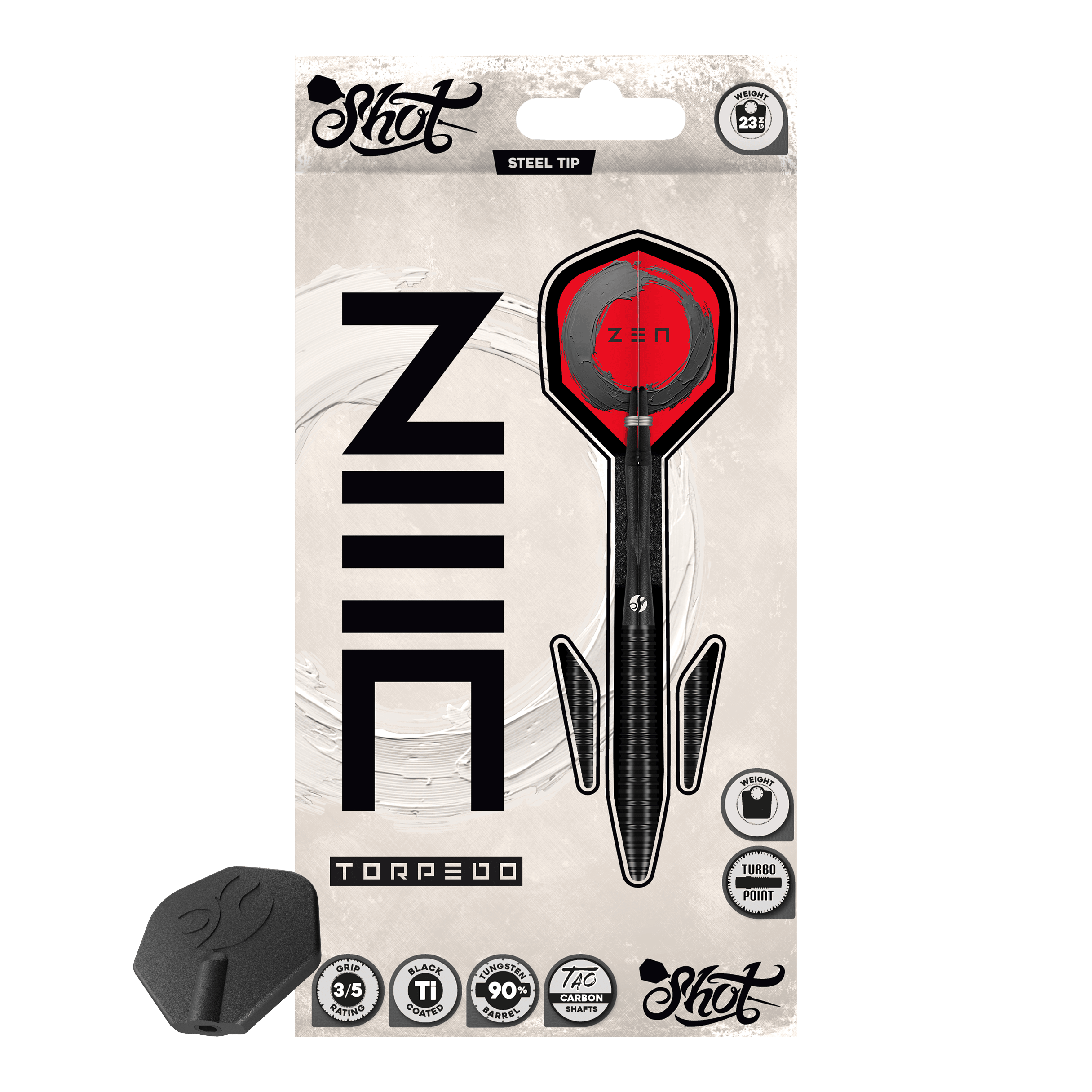 Dardos de acero Shot ZEN Torpedo Turbo Point - 23 g Die Shot ZEN Torpedo Turbo Point Steeldarts mit 23g werden aus einer anderen Perspektive gezeigt. Die Oberfläche und die Details der Darts sind gut zu erkennen.