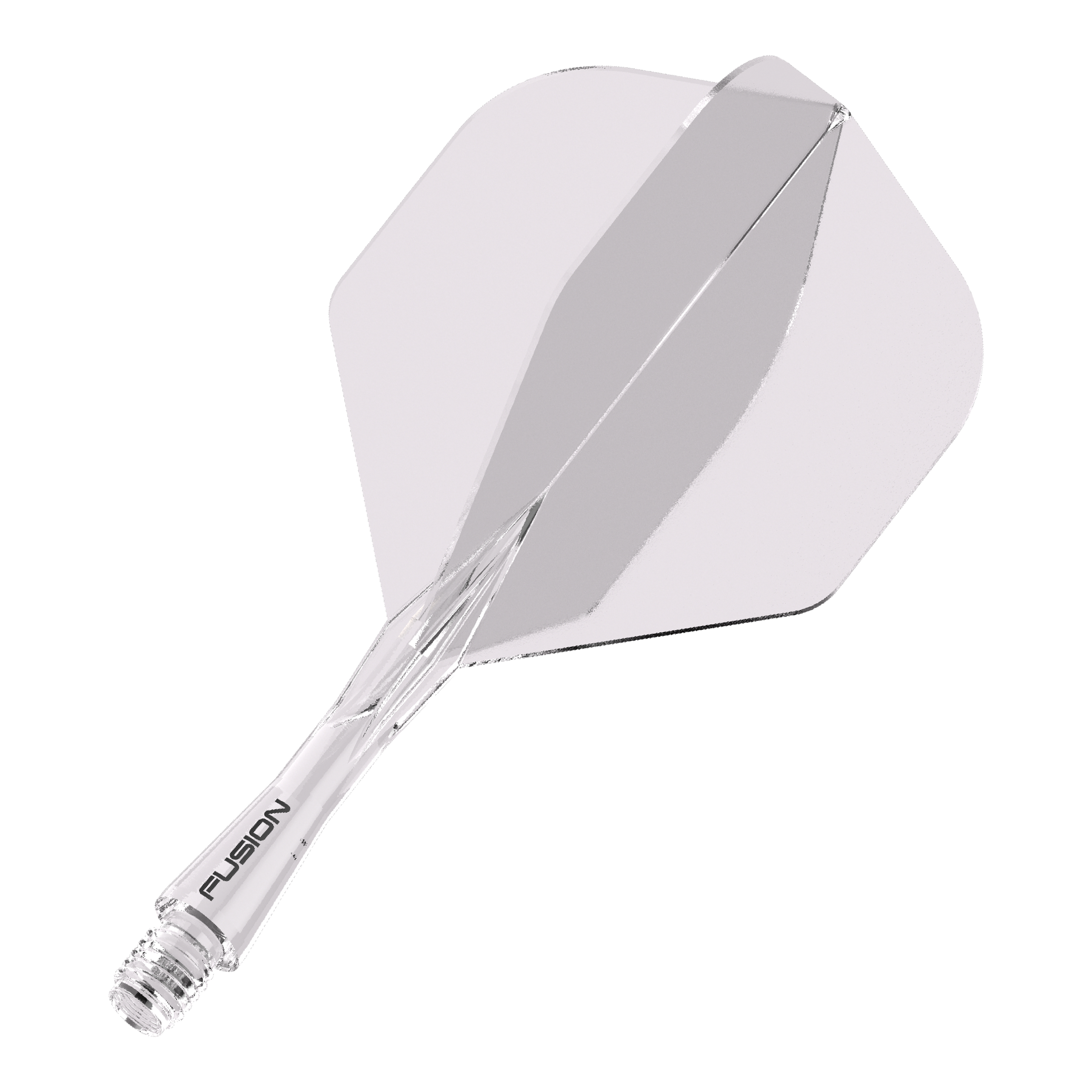 Sistema de eje de vuelo Winmau Fusion estándar transparente Das Bild zeigt ein durchsichtiges Dartflight- und Shafts-System. Auf dem Schaft steht das Wort "FUSION".