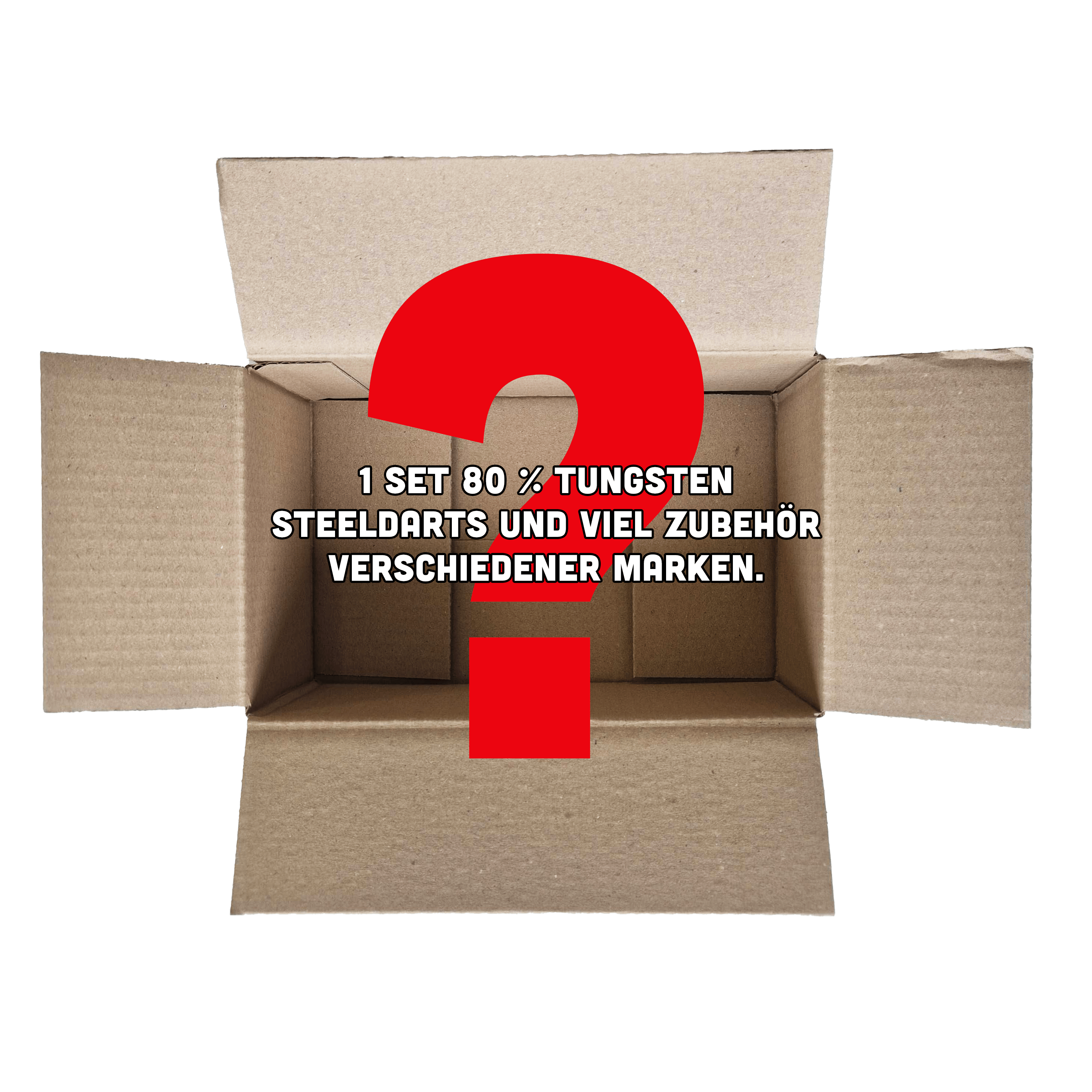 Das Bild zeigt einen offenen, leeren Karton mit einem großen roten Fragezeichen darauf. Auf dem Karton steht der Text: "1 Set 80 % Tungsten Steeldarts und viel Zubehör verschiedener Marken."