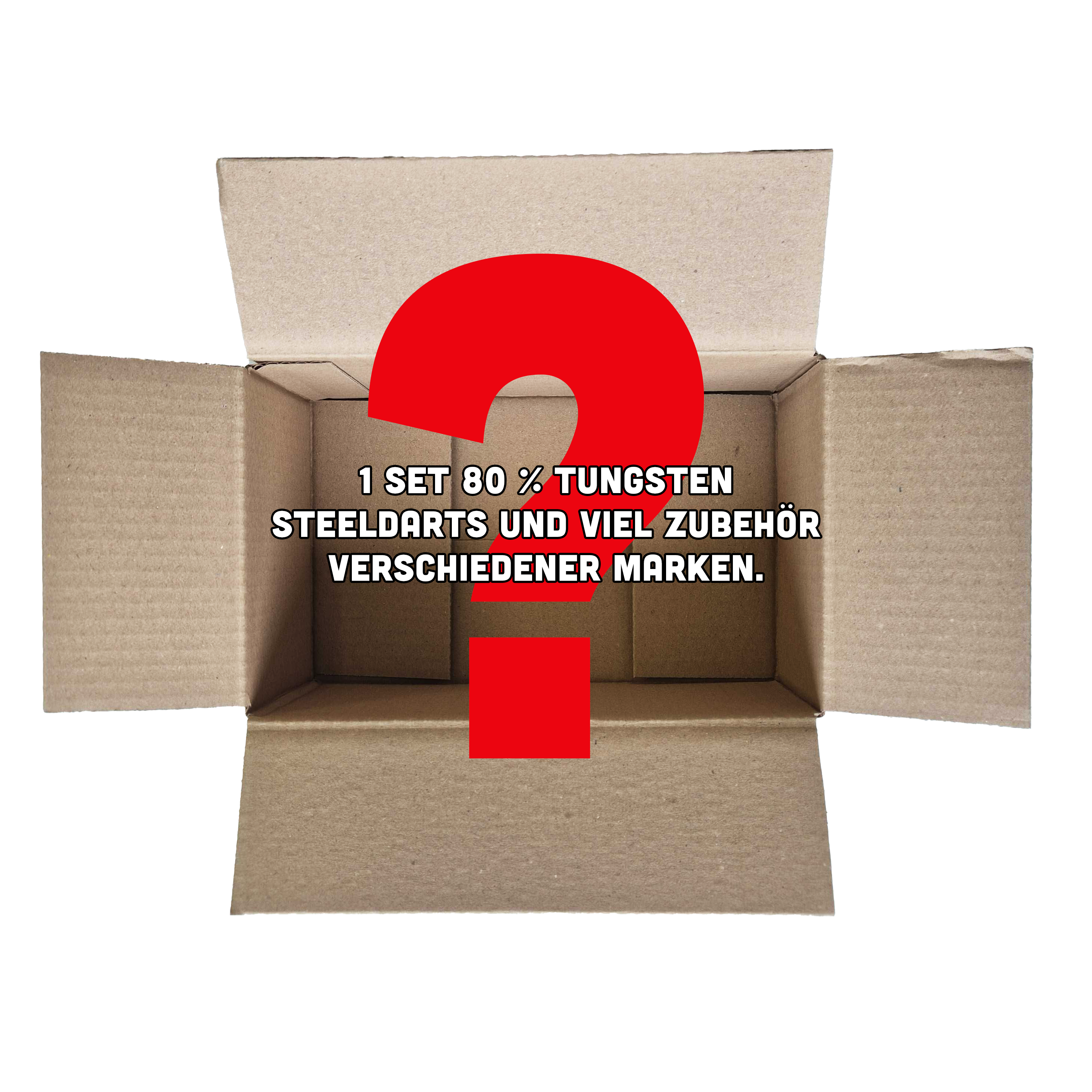 Caja misteriosa de McDart - Steeldarts Das Bild zeigt einen offenen, leeren Karton mit einem großen roten Fragezeichen darauf. Auf dem Karton steht der Text: "1 Set 80 % Tungsten Steeldarts und viel Zubehör verschiedener Marken."