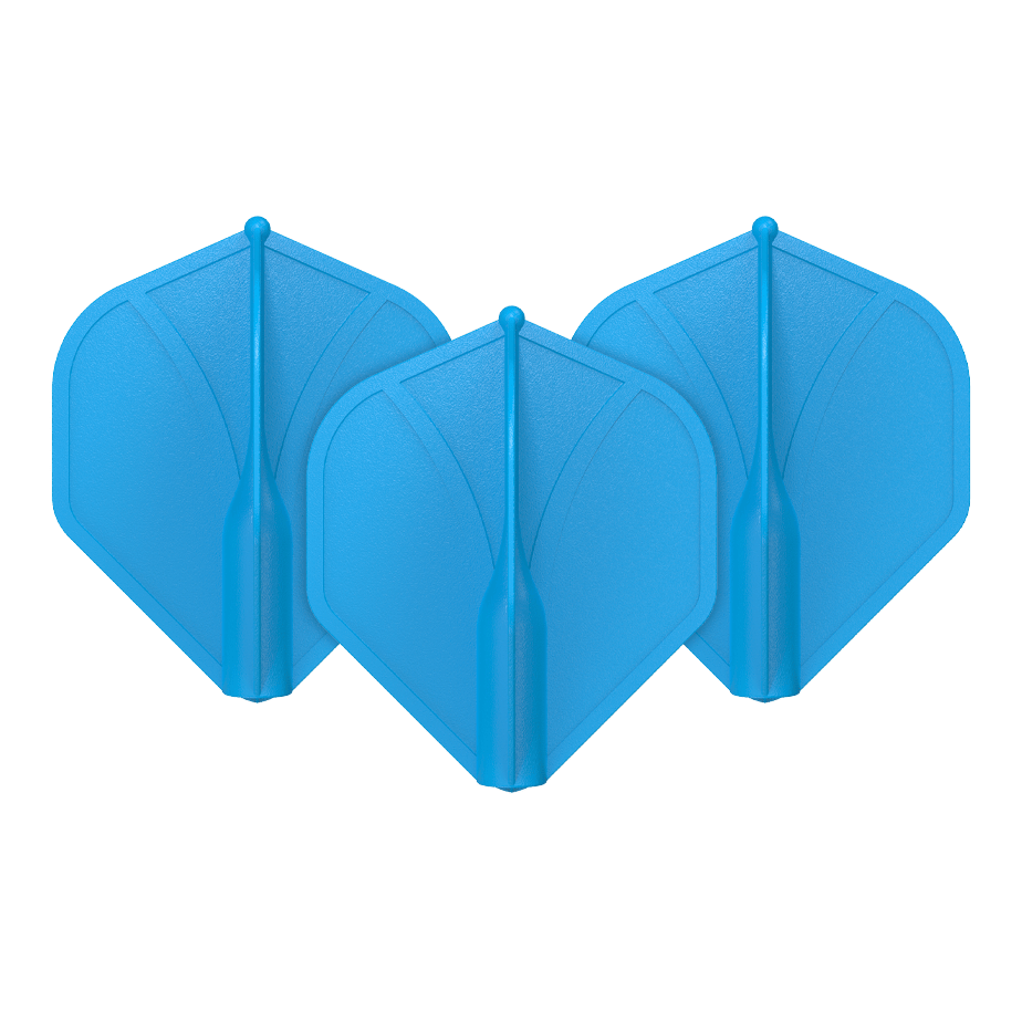 Perfil aerodinámico moldeado No2 Vuelos estándar Auf dem Bild sind drei blaue Dart-Flights zu sehen. Sie haben eine geformte, stabile Struktur und sind nebeneinander angeordnet.
