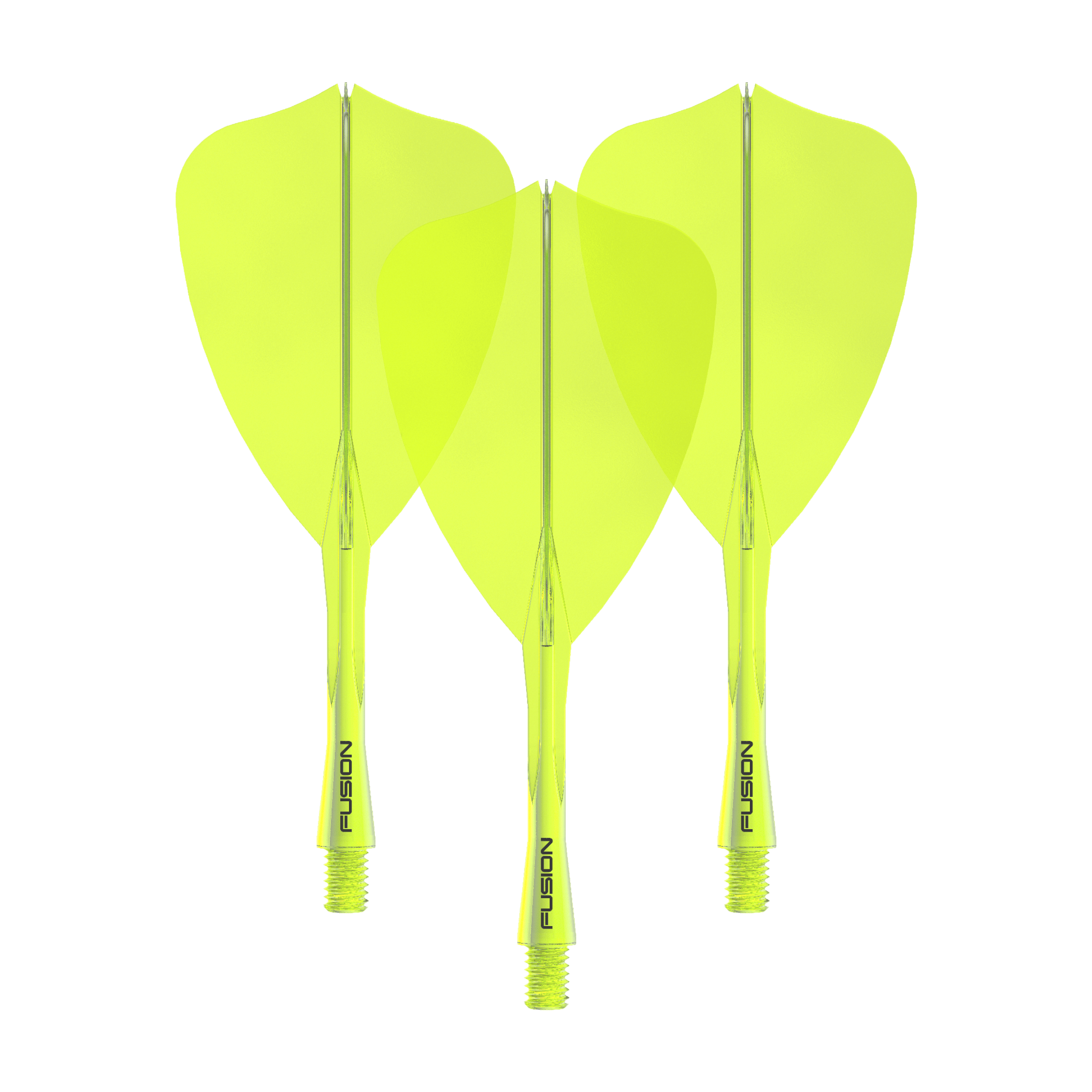 Dieses Bild zeigt das Winmau Fusion Flight Shaft System Arrow Set in Neongelb mit einer Länge von 28 mm. Zu sehen ist vermutlich ein komplettes Dartset.