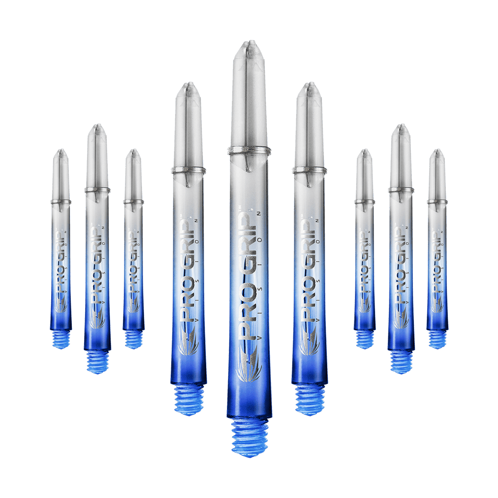 Varillas Target Pro Grip Vision - 3 juegos - Azul Das Bild zeigt neun transparente Dartschäfte mit blauem unteren Ende. Auf den Schäften steht "Pro Grip" geschrieben.
