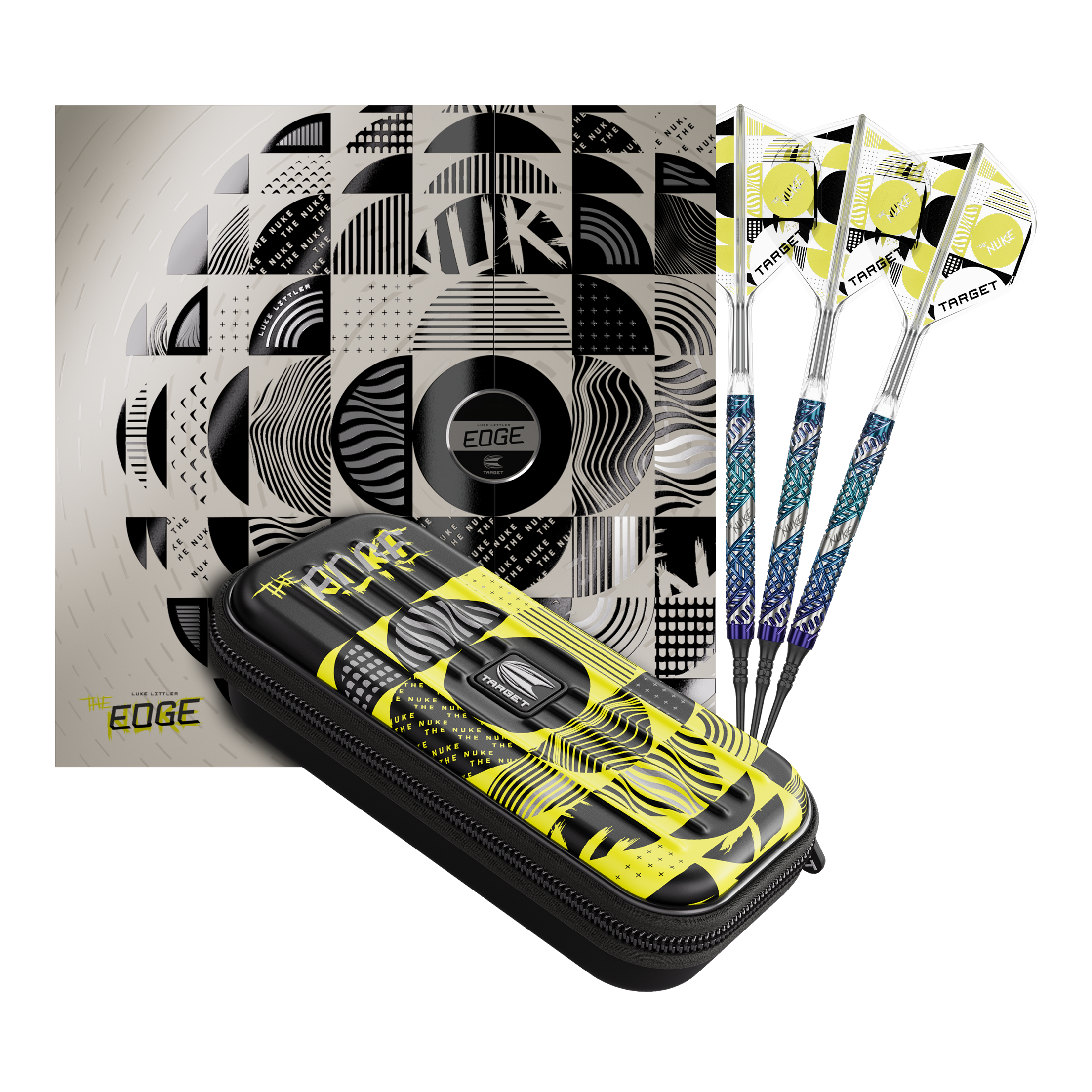 Dardos Target Luke Littler Edge Soft - 19 g Auf dem Bild befindet sich das Set der Target Luke Littler Edge Softdarts - 19g. Die Darts sind komplett und gut sichtbar angeordnet.