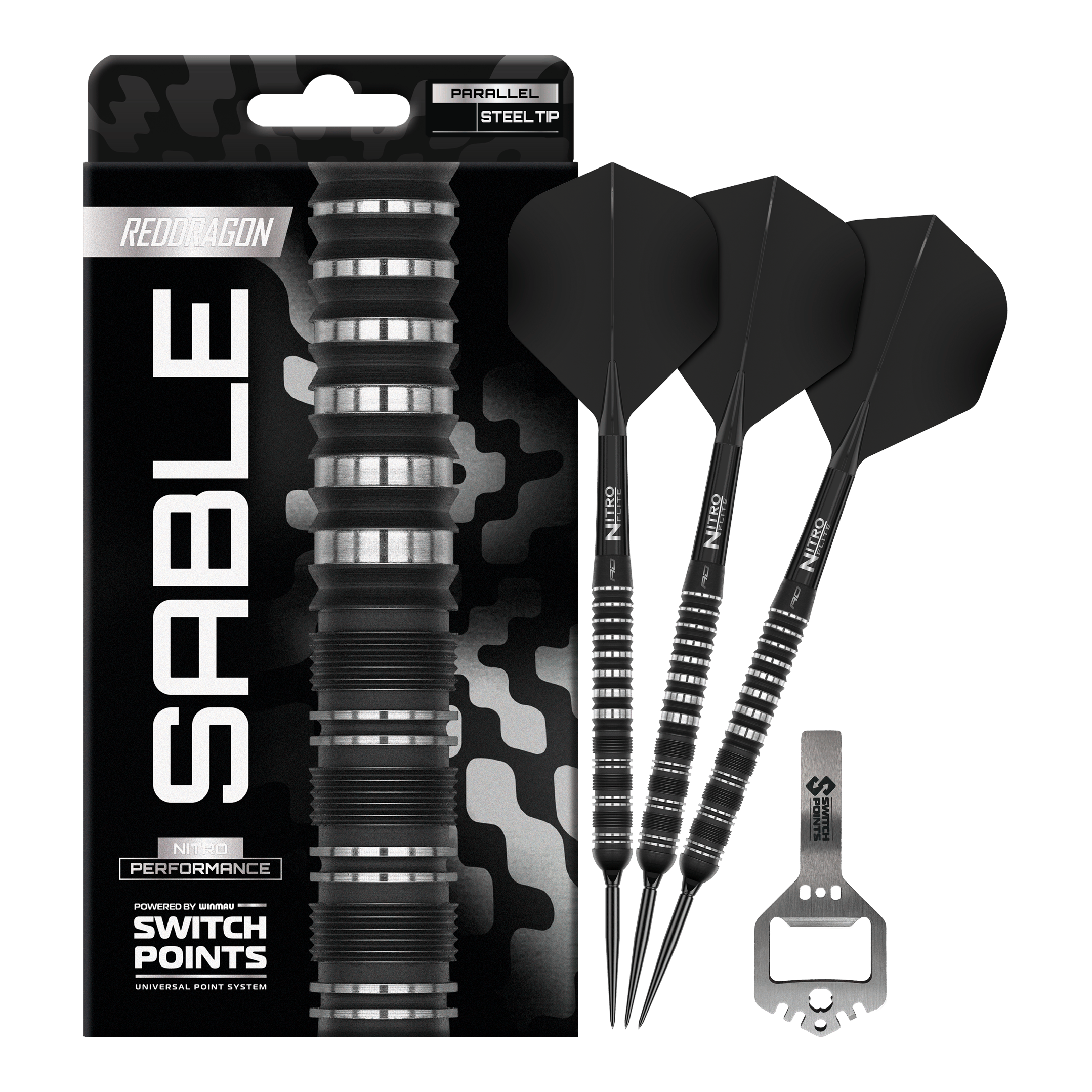 Dardos de acero Red Dragon Sable Parallel Switch Point Zu sehen ist das komplette Set der Red Dragon Sable Parallel Switch Point Steeldarts. Drei Darts und Zubehör liegen nebeneinander.