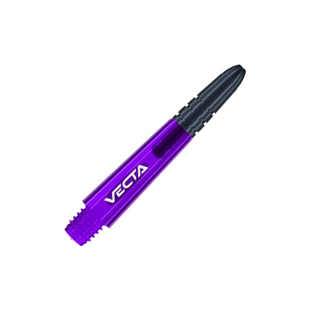Flechas Winmau Vecta - Morado Negro Dies ist ein lila und schwarzer Dart-Shaft mit der Aufschrift "VECTA". Der Shaft hat ein modernes, sportliches Design und misst 34 mm.