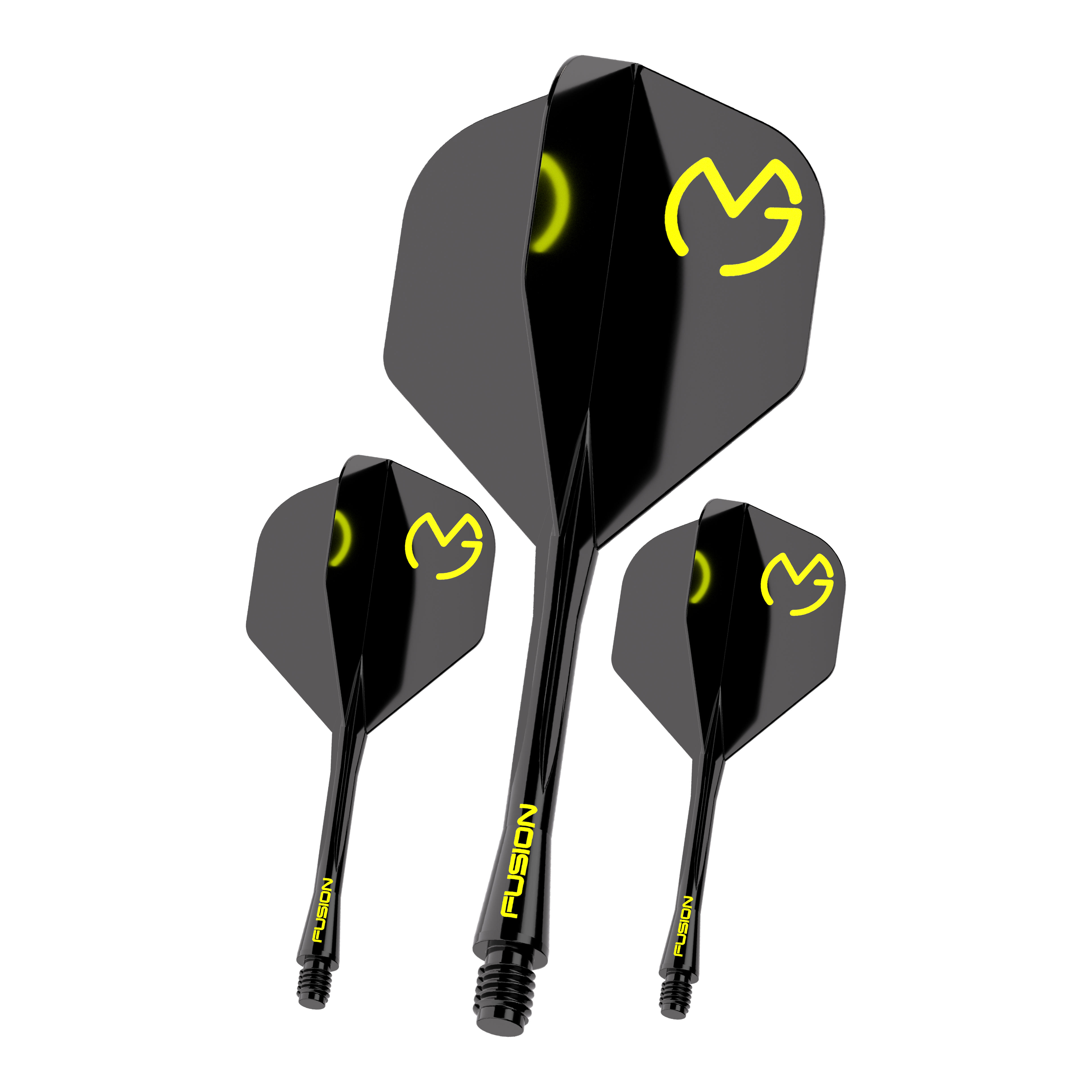 Das Bild zeigt drei schwarze Dartflights mit gelbem "MVG"-Logo und der Aufschrift "FUSION" auf den Schäften. Es handelt sich um das Produkt "Winmau Fusion Flight-Shaft-System Michael Van Gerwen Pacman No2 Standard".