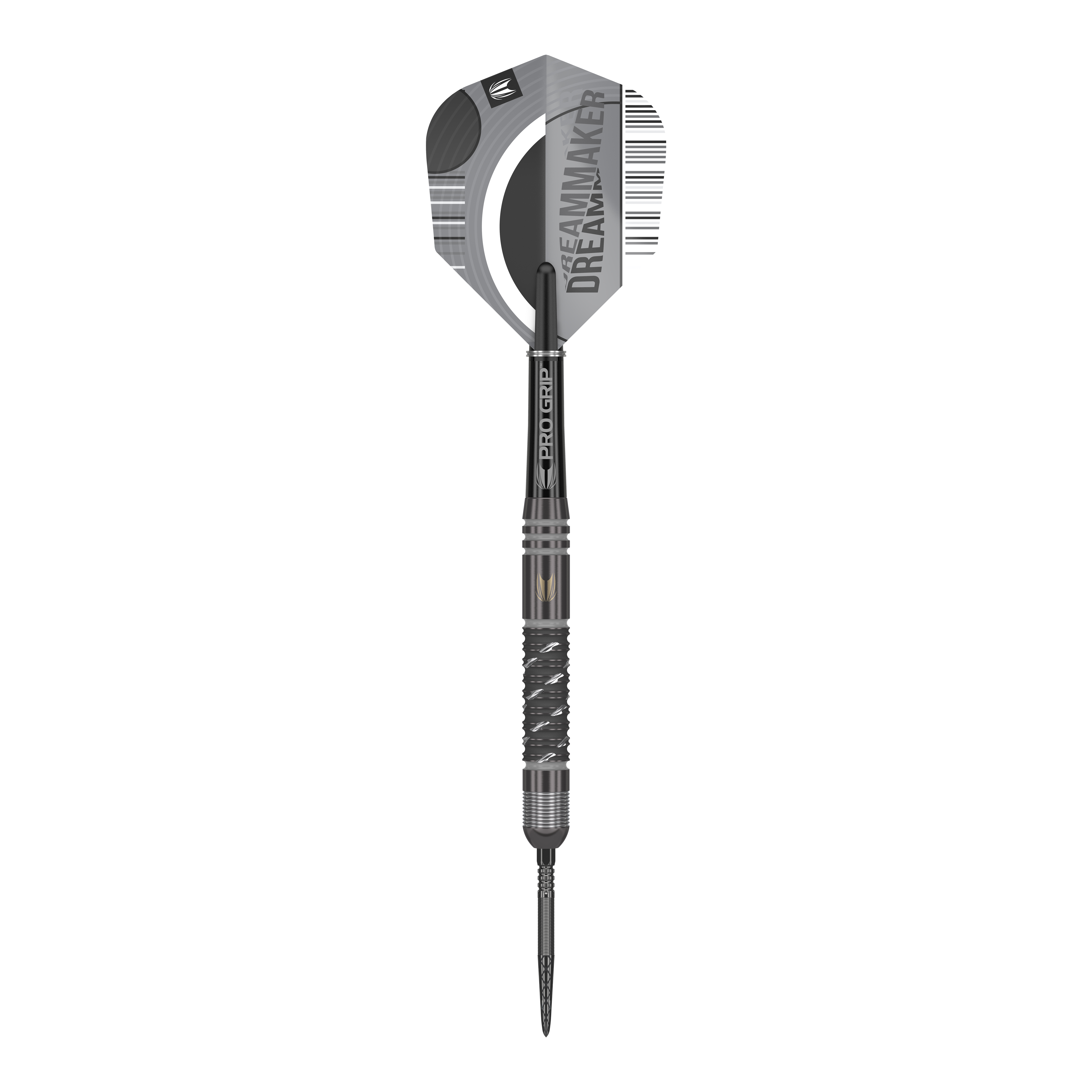 Dardos de acero Target Dimitri Van Den Bergh X Echo Swiss Point Das Bild zeigt den Target Dimitri Van Den Bergh X Echo Swiss Point Steeldart. Der Dartpfeil ist größtenteils schwarz und silber und hat die Aufschrift "DREAMMAKER" auf dem Flight.