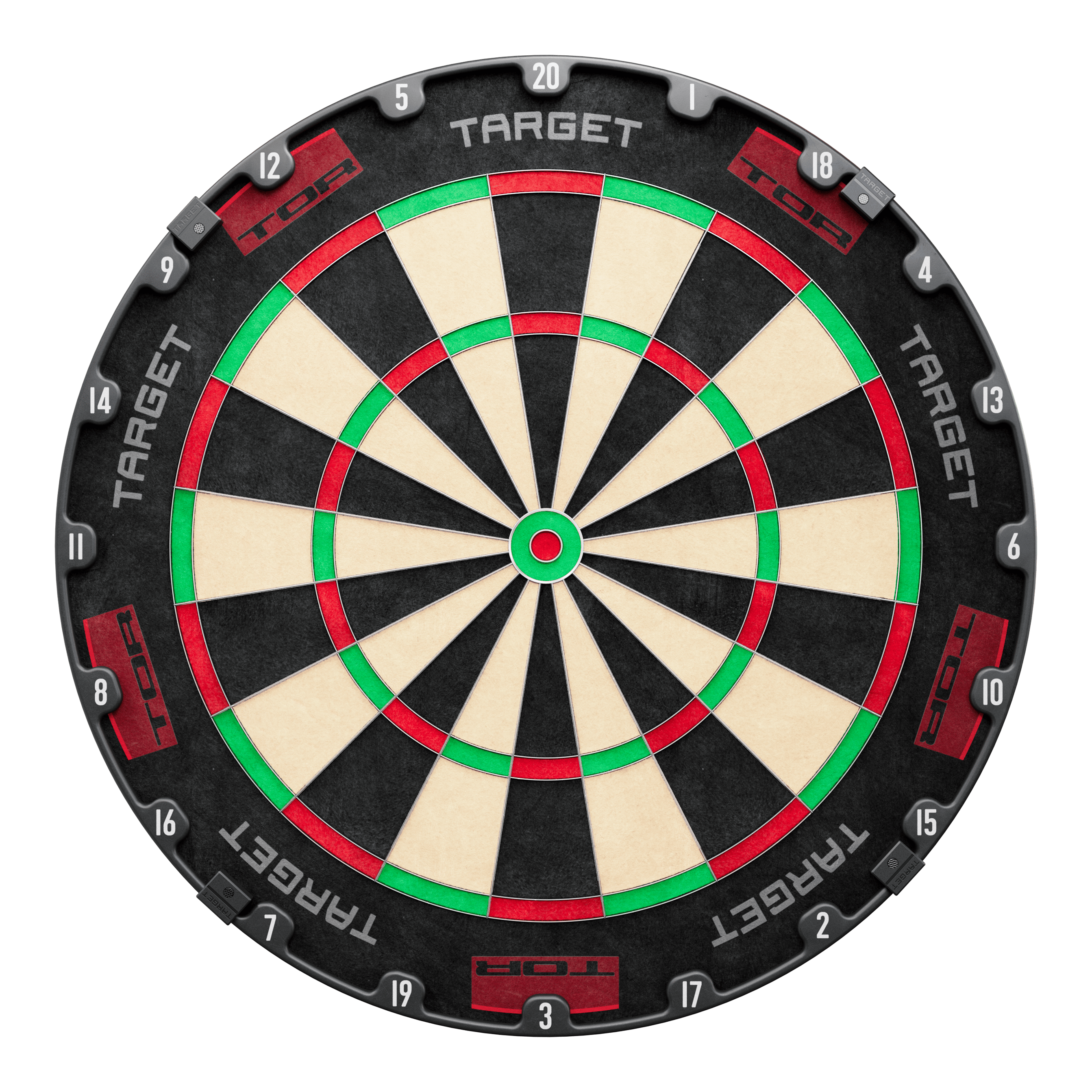 Diana de acero Target TOR Target TOR Steeldartboard ist als rundes Dartboard klar abgebildet. Die Segmente und Zahlen sind sichtbar.