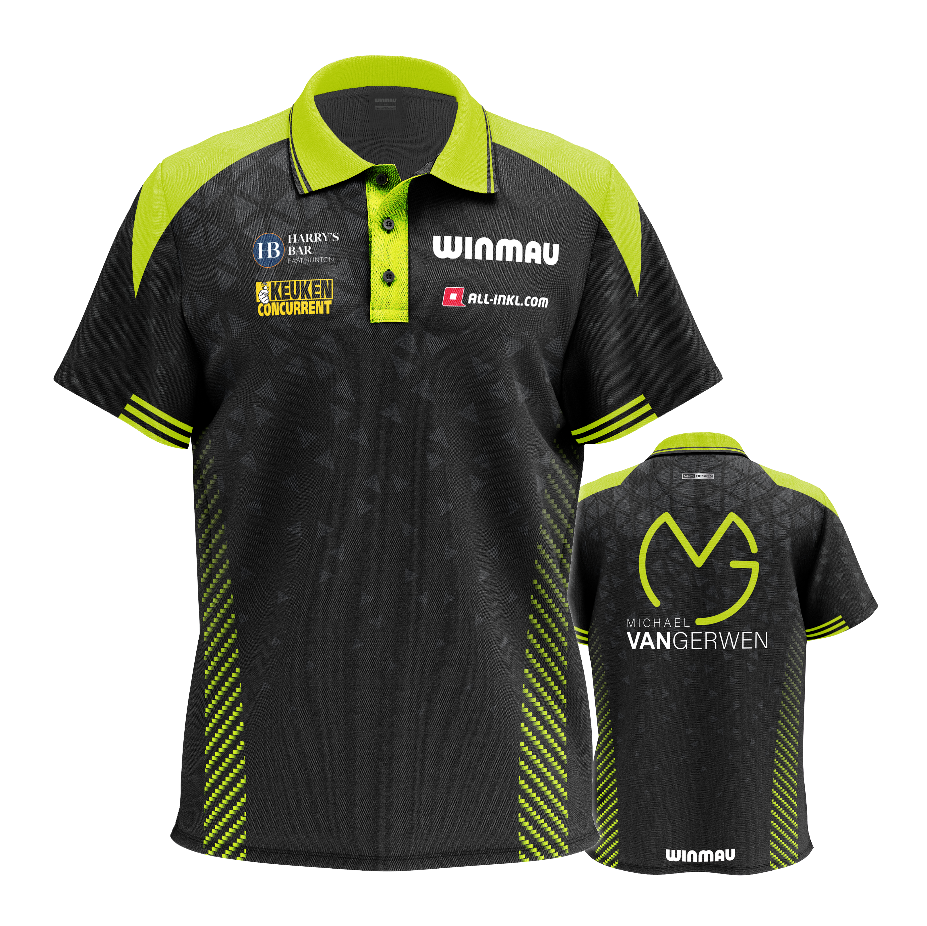 Polo Winmau Michael Van Gerwen Stage Auf dem Bild ist das Winmau Michael Van Gerwen Stage Poloshirt zu sehen. Dieses Poloshirt ist für Dart-Fans gestaltet.