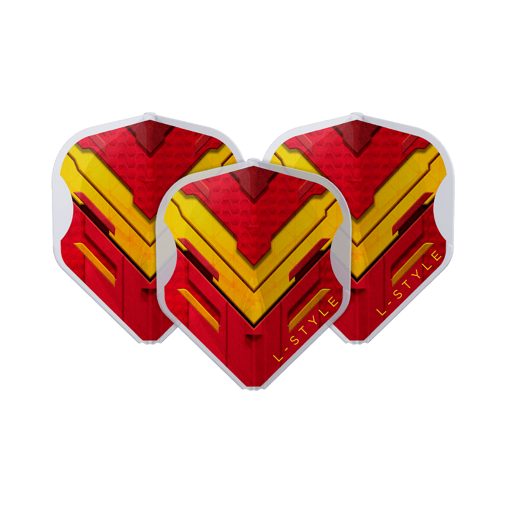 Vuelos L-Style V-Series V1 Tipo A España Blanco transparente L1EZ Das Bild zeigt drei Dart-Flights der Marke L-Style in den Farben Rot, Gelb und Weiß. Auf den Flights ist ein auffälliges, geometrisches Muster mit dem Schriftzug "L-STYLE" zu sehen.