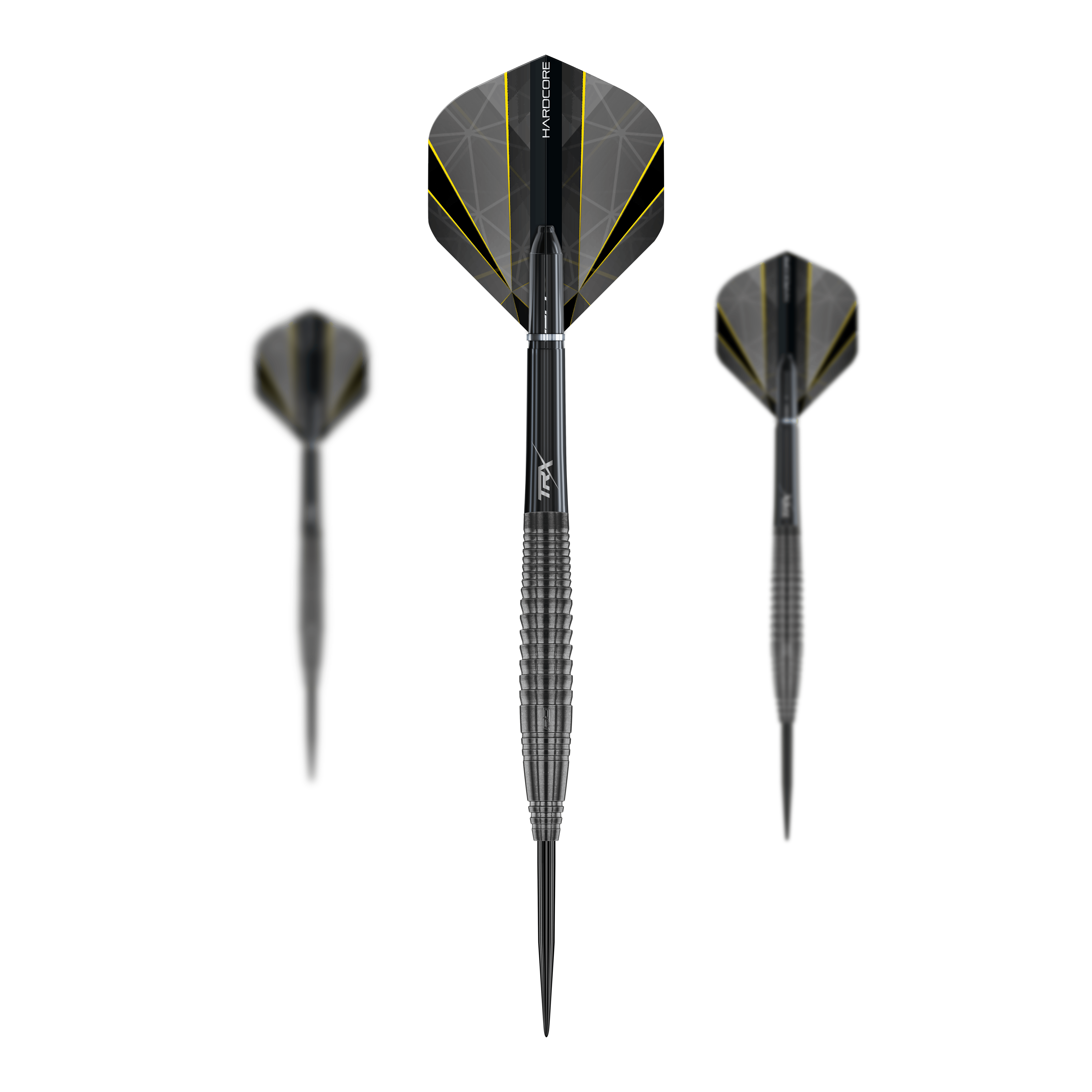 Red Dragon Seren 4 Dardos de Acero de Ónix Das Bild zeigt drei schwarze Steeldarts mit gelben Akzenten und dem Namen „Red Dragon Seren 4 Onyx“. Die Pfeile haben strukturierte Griffe und moderne Flights.