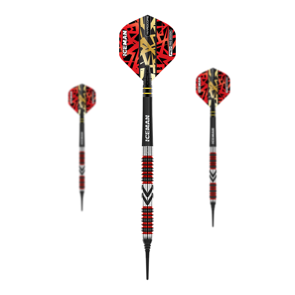 Dardos blandos Red Dragon Gerwyn Price Firebird - 20 g Das Bild zeigt drei Softdarts des Modells "Red Dragon Gerwyn Price Firebird - 20g". Die Darts haben rote Flights mit schwarzem und goldfarbenem Muster sowie silberne und rote Ringe am Barrel.