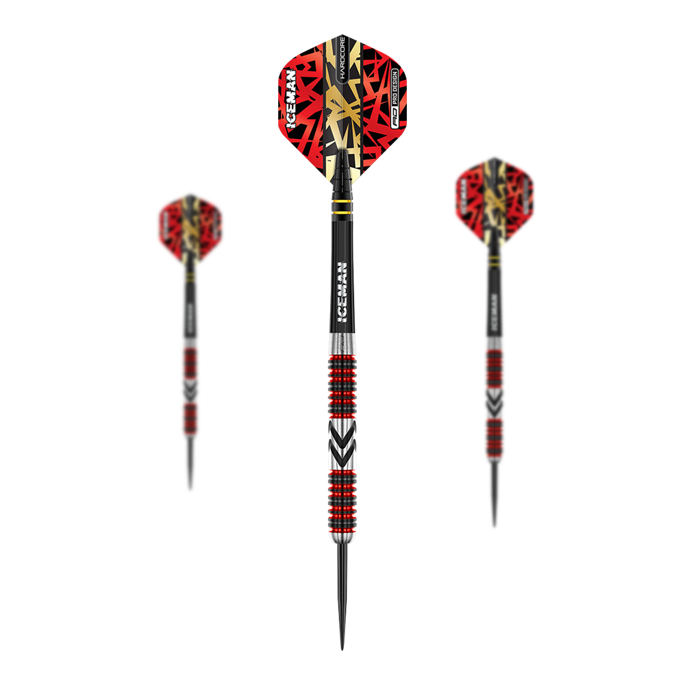 Dardos de acero Red Dragon Gerwyn Price Firebird Das Bild zeigt drei Steeldarts mit auffälligen roten und schwarzen Flights. Die Schäfte sind silbern mit roten und schwarzen Rillen sowie der Aufschrift "ICEMAN".