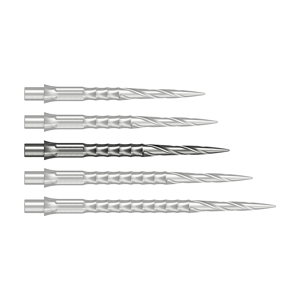 Puntas de dardos de acero Caliburn System - Spiro - NoLip - plateadas Zu sehen ist vermutlich eine Steeldartspitze in Silber, 32 mm lang. Das Produkt ist eine Spiro NoLip Spitze vom Caliburn Evo System.