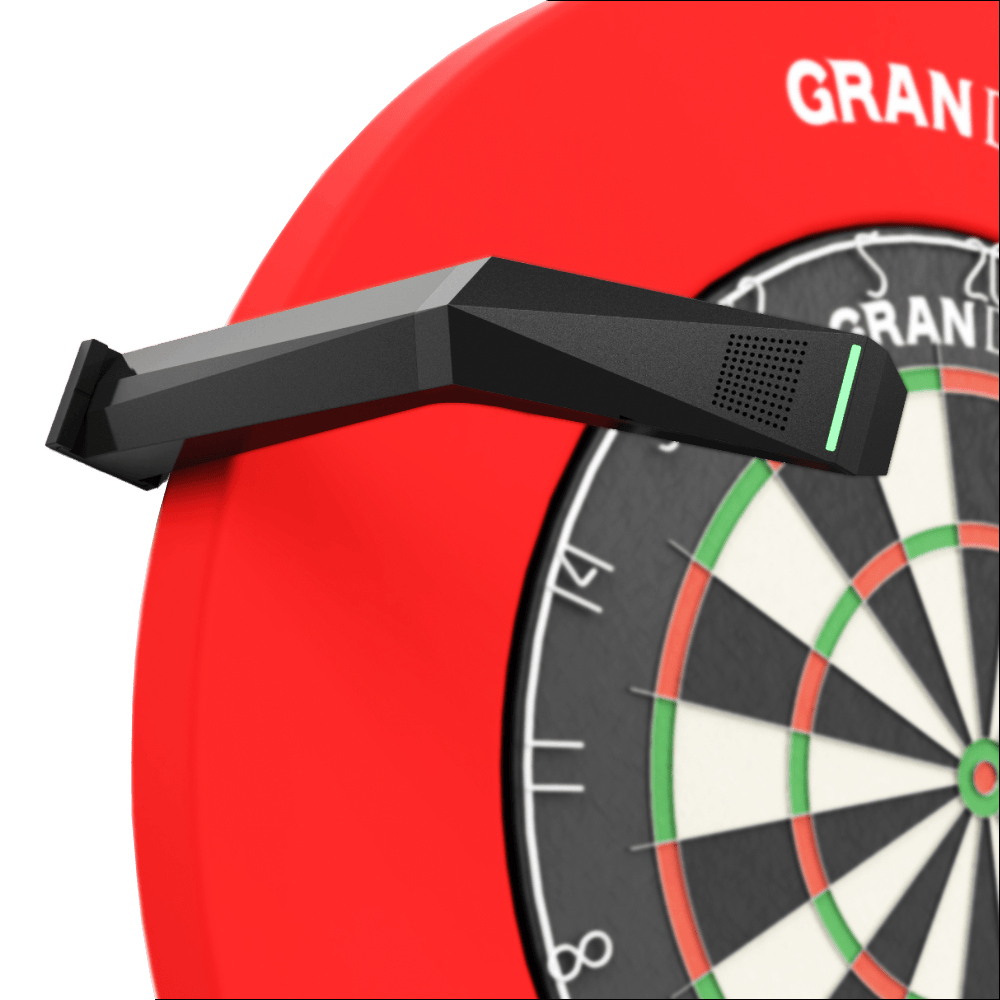 Sistema de puntuación automática de dardos de acero GranDarts Gran Eye GEN2 Das Bild zeigt das GranDarts GranEye Steeldart Auto-Scoring-System, das über einem Dartboard installiert ist. Das schwarze Gerät erkennt automatisch die Treffer auf der Dartscheibe und wertet sie aus.