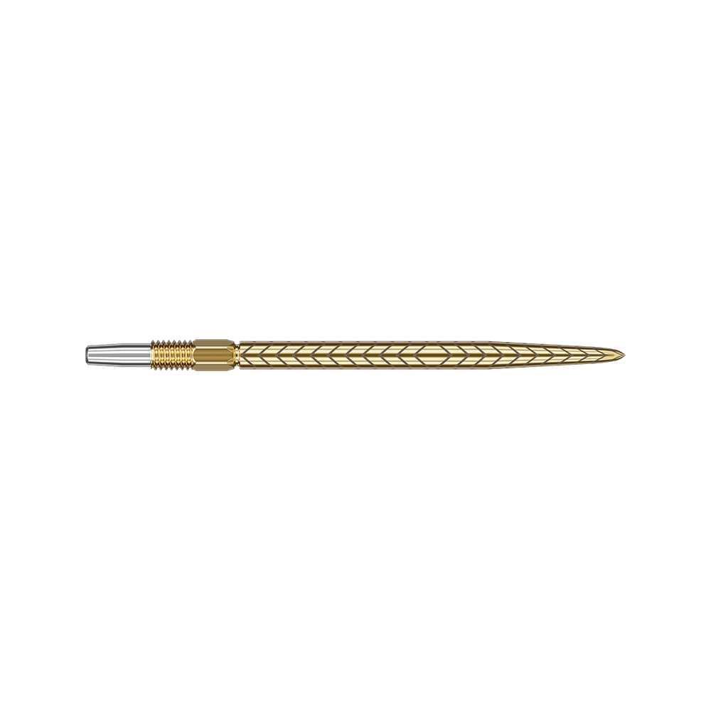 Das Bild zeigt eine goldfarbene Dartspitze mit einem feinen, eingravierten Muster. Die Spitze ist lang und hat ein elegantes, schlankes Design.