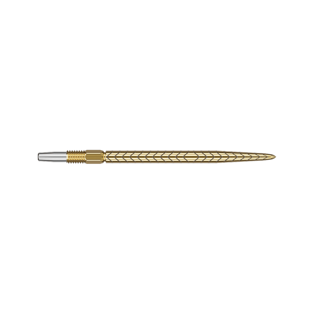 Puntas de dardos Target Swiss Point RVE - Oro Das Bild zeigt eine goldfarbene Dartspitze mit einem feinen, eingravierten Muster. Die Spitze ist lang und hat ein elegantes, schlankes Design.