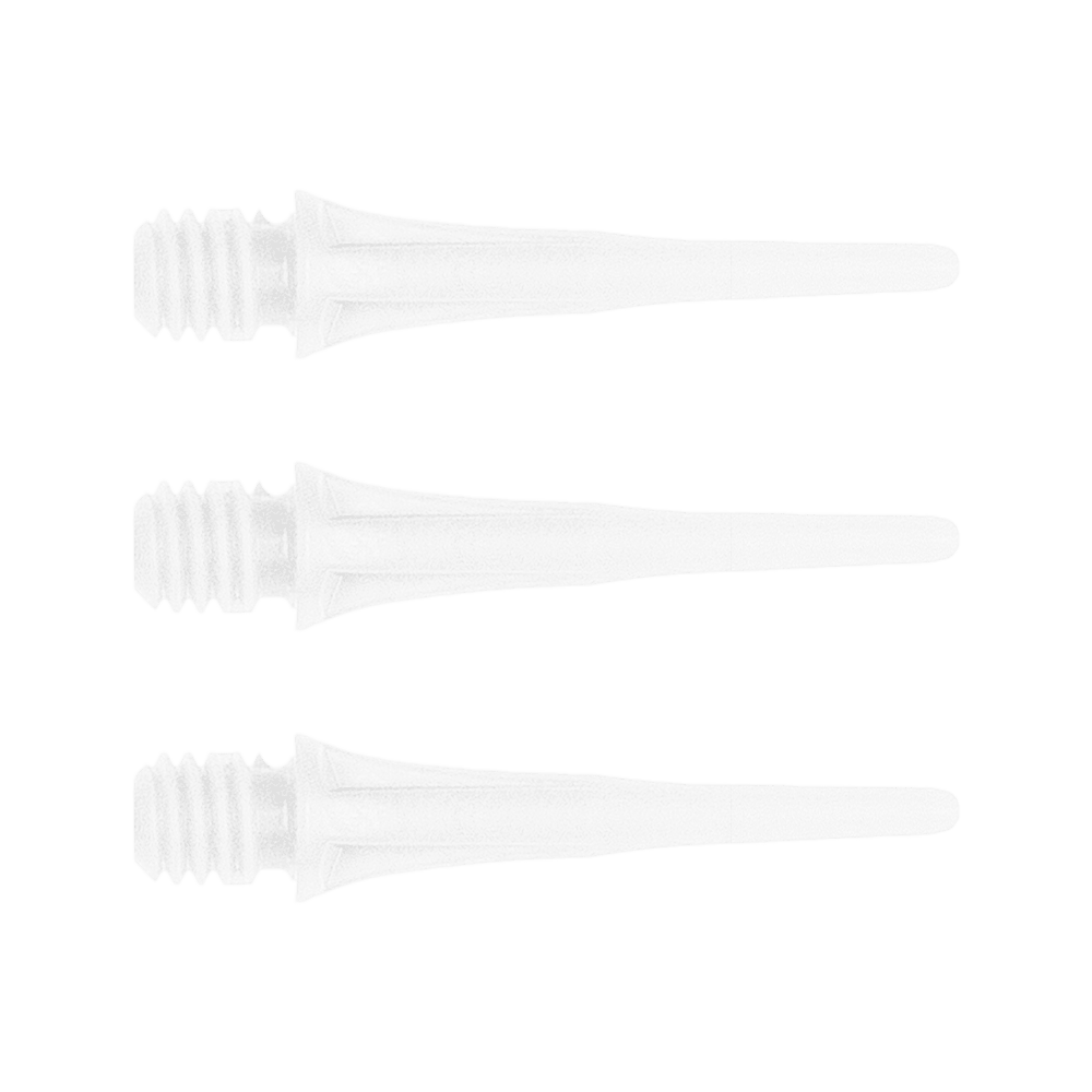 Cosmo Fit Point Plus 2BA Spitzen 19mm (50er Pack) Das Bild zeigt drei weiße, spitze Kunststoffteile mit Gewinde am linken Ende. Sie sind ordentlich übereinander angeordnet.