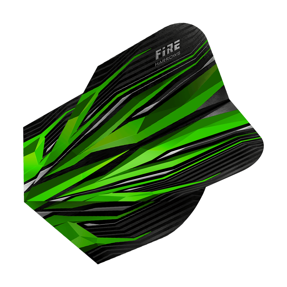 HR2_Harrows_Fire_Green_Standard_Flights_2 Harrows Fire Green Standard Flights mit Flammenmotiv. Die Flights liegen überlappend nebeneinander.