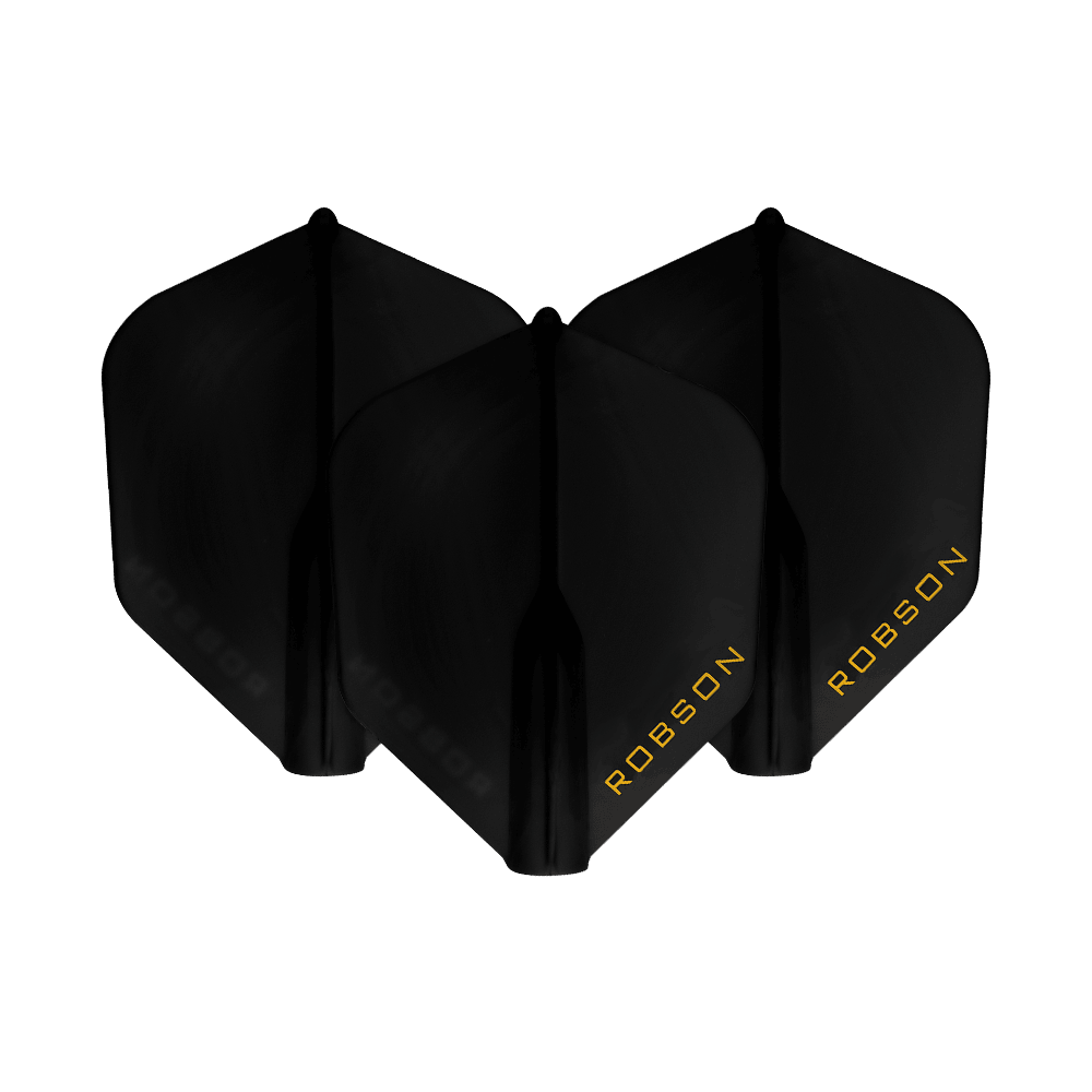 Robson Plus Vuelos - NO6 Das Bild zeigt drei schwarze Dart-Flights mit der Aufschrift "ROBSON" in gelber Schrift. Sie sind nebeneinander angeordnet und heben sich vor einem weißen Hintergrund ab.