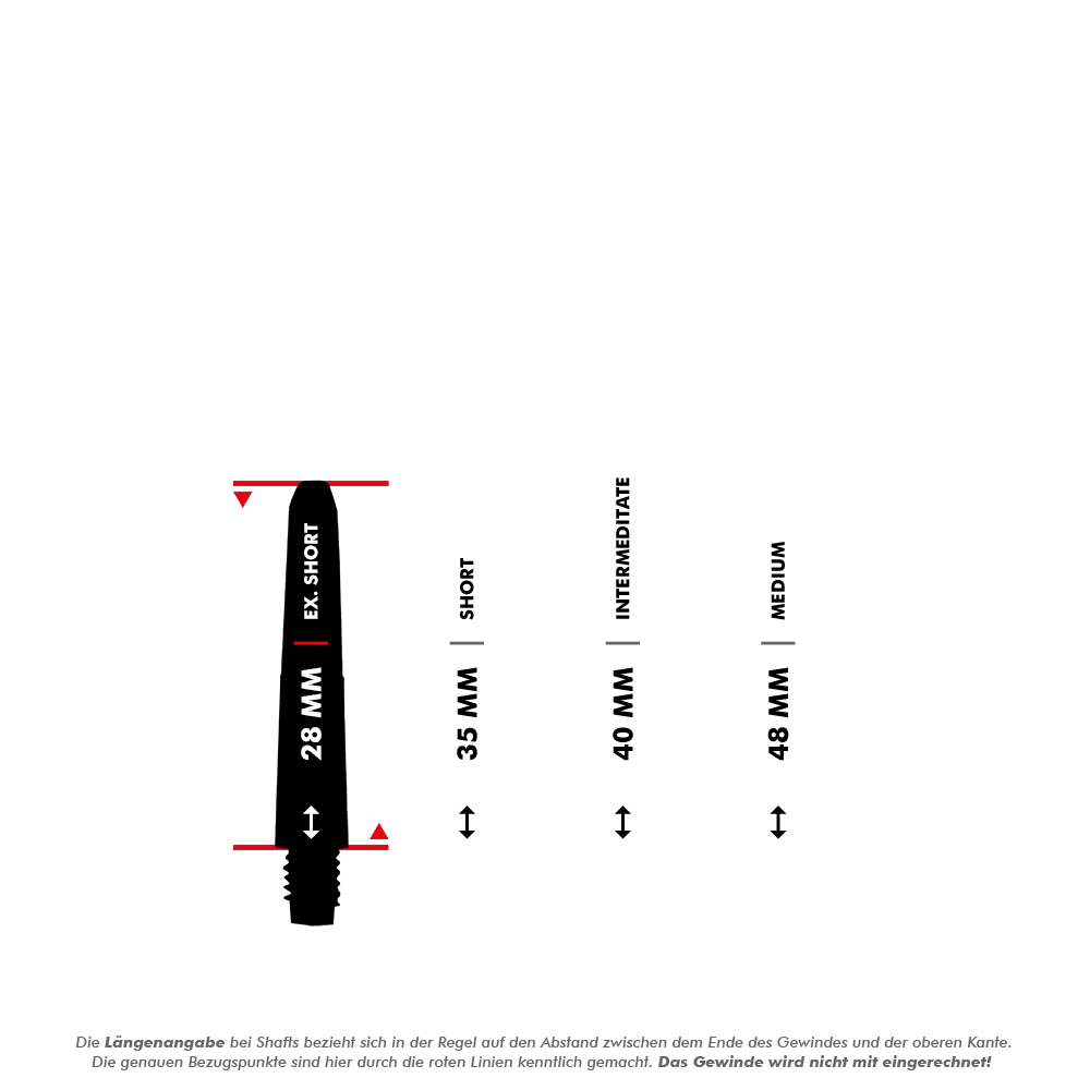 MD-600_Nylon_Shafts_mit_Wunschdruck_5_28mm Das Bild zeigt verschiedene Längen von Nylon Shafts, dargestellt in Millimetern. Die Längen reichen von 28 mm (Ex-Short) bis 48 mm (Medium).