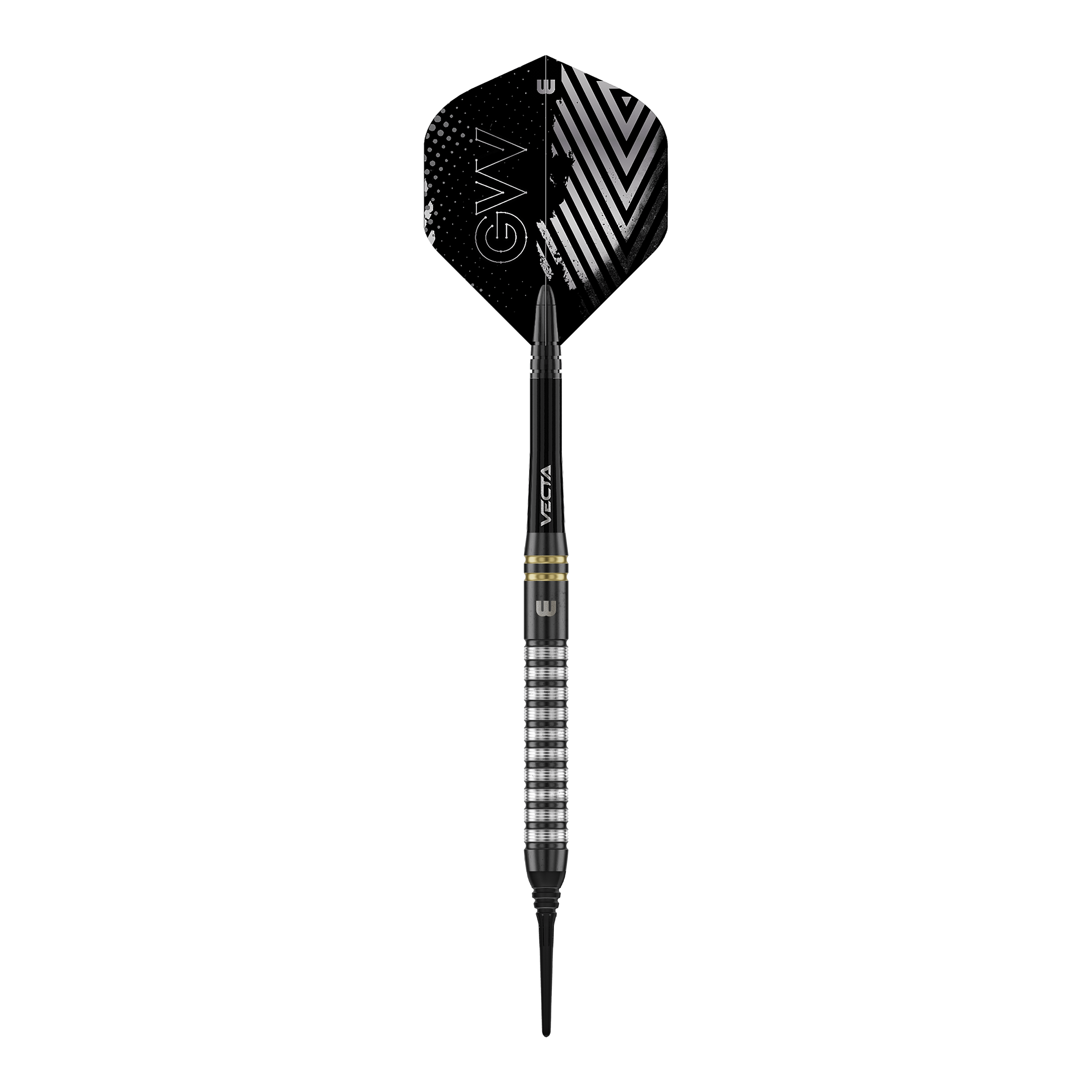 Dardos blandos Winmau Gian Van Veen TS - 18 g Winmau Gian Van Veen TS Softdarts mit 18g werden aus der Nähe gezeigt. Ein einzelner Dartpfeil liegt im Fokus des Bildes.