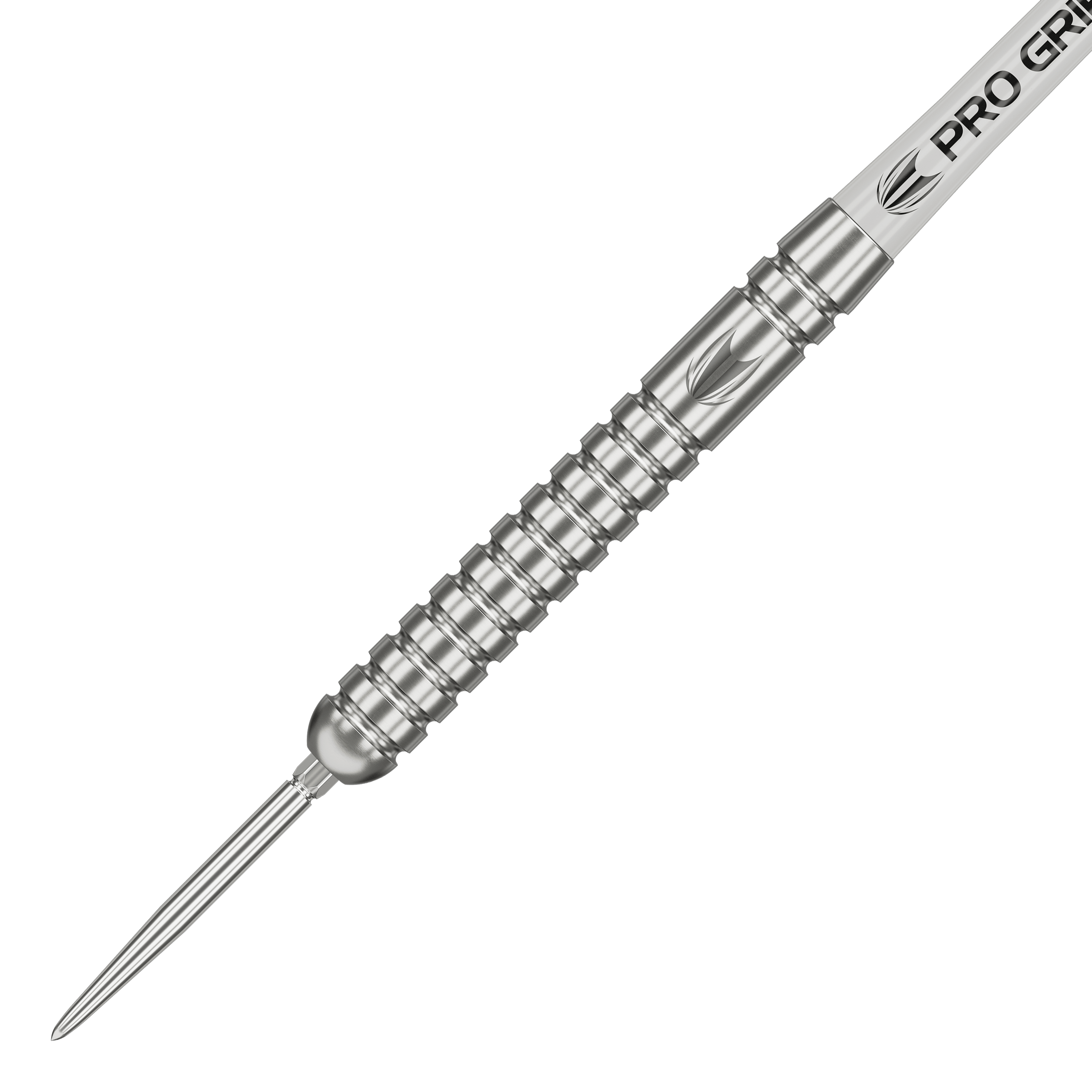 Dardos de acero Target Rob Cross Voltage Swiss Point Das Bild zeigt einen silbernen Steeldart mit gerilltem Griff und spitzer Metallspitze. Auf dem Schaft steht "PRO GRIP" geschrieben.