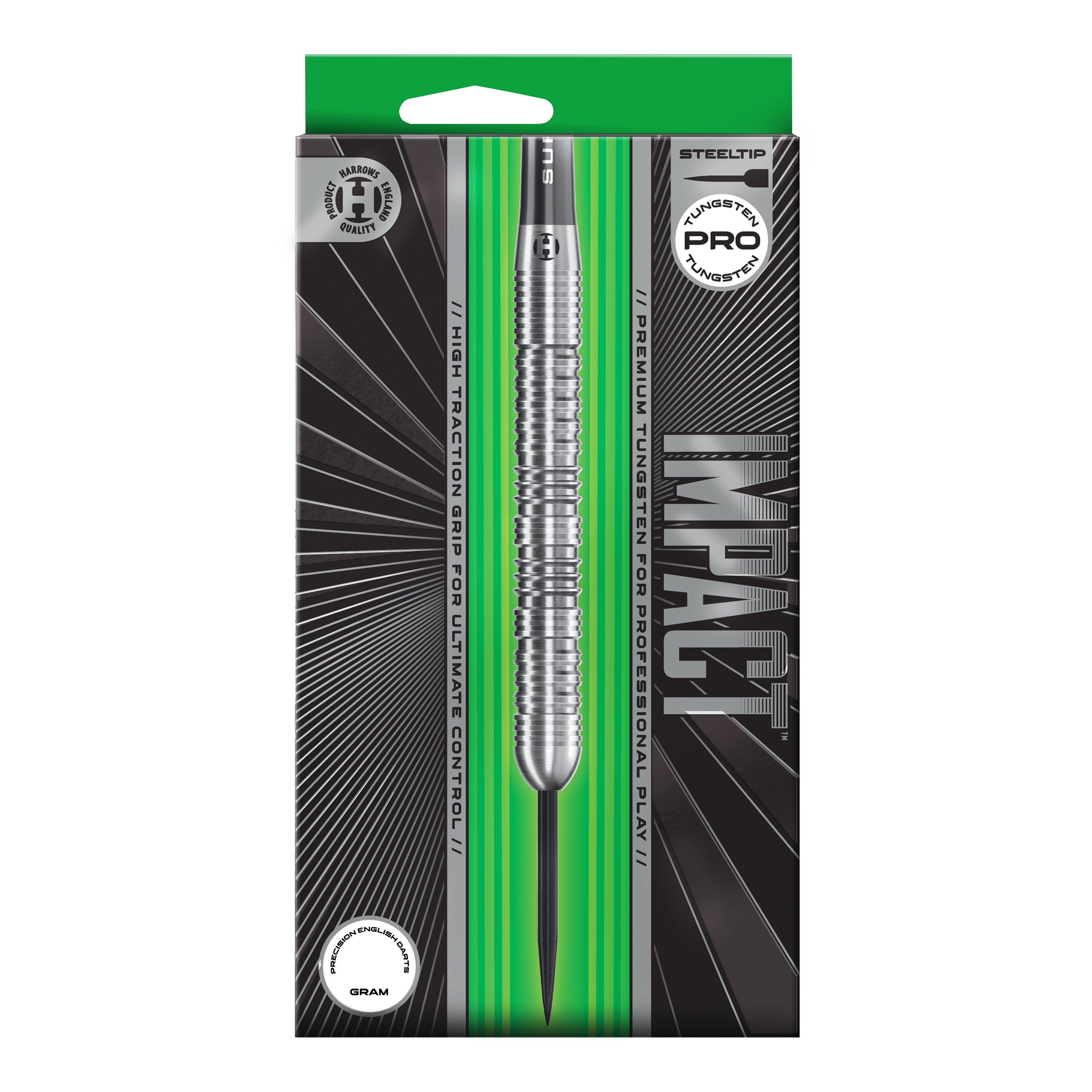 Dardos de acero de impacto Harrows Abgebildet sind Harrows Impact Steeldarts aus einer anderen Perspektive. Die Darts wirken robust und professionell.